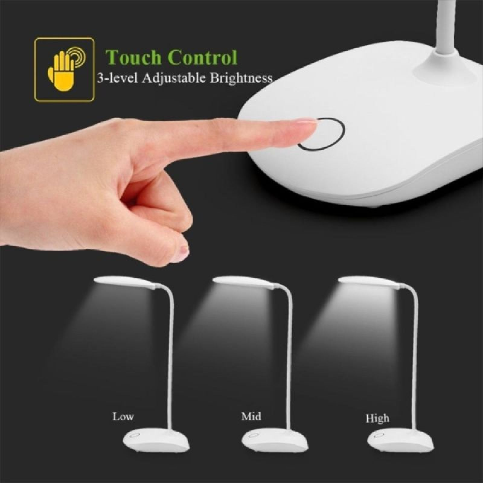 Ein Finger berührt eine weiße Lampe mit 3 Helligkeitsstufen: niedrig, mittel, hoch.