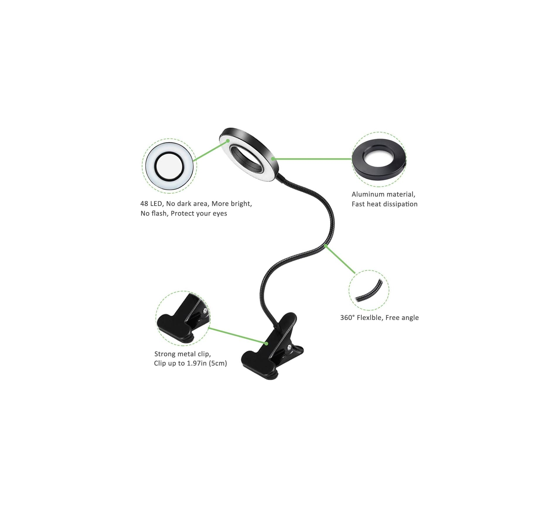 Ringlicht mit 48 LEDs, Aluminium, Metallclip, flexibler Arm.