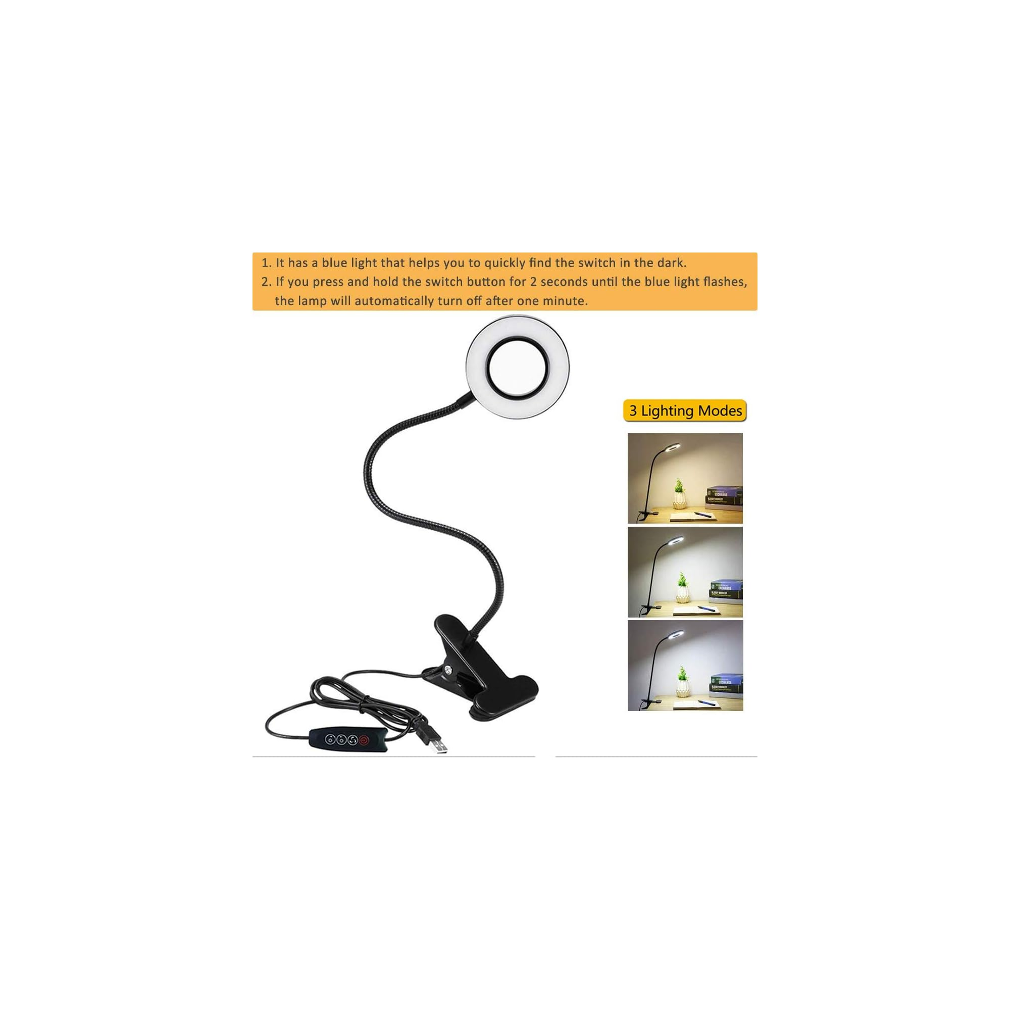 Eine schwarze LED-Klemmlampe mit flexiblem Hals und USB-Stromkabel.