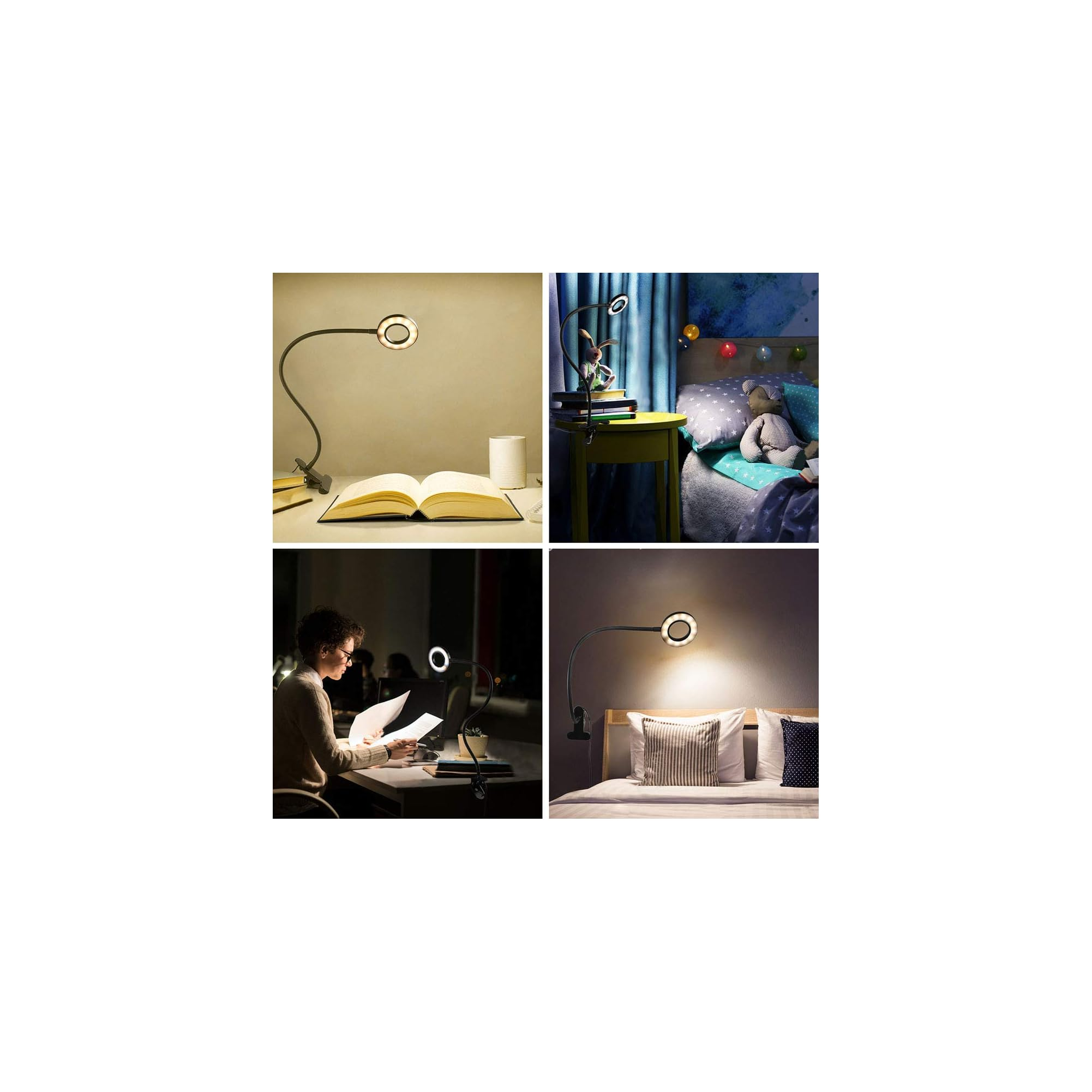 Vier Collagen: Buch mit Lampe, Kinderbett, Frau am Schreibtisch, Bett mit Kissen.