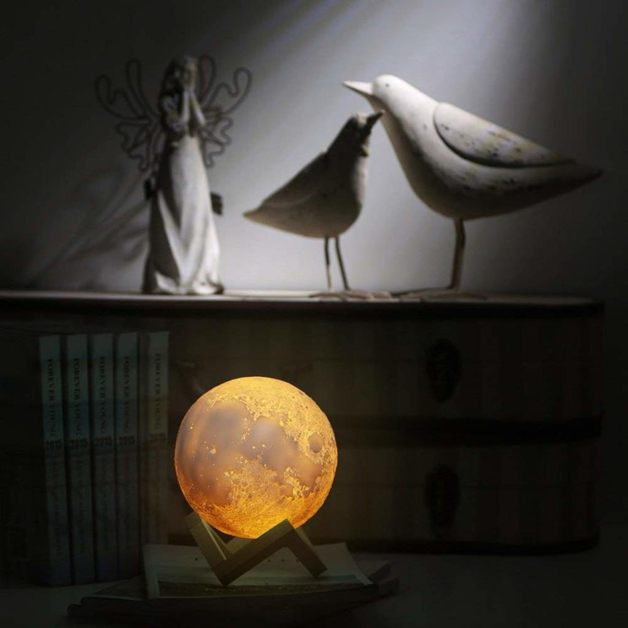 Eine leuchtende Mondlampe steht neben Büchern. Im Hintergrund sind zwei Vogelstatuen und eine Engelsfigur.
