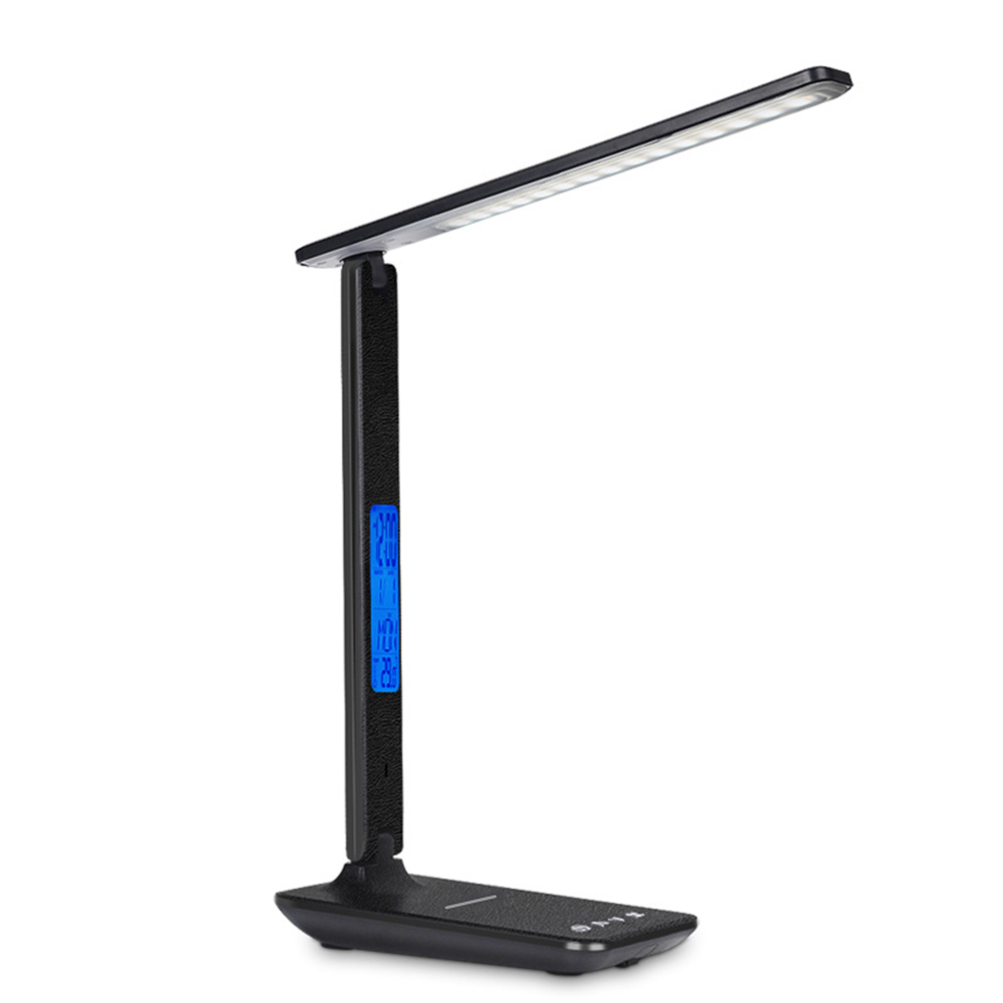 Eine schwarze LED-Schreibtischlampe mit einem verstellbaren Arm und einem digitalen Display.