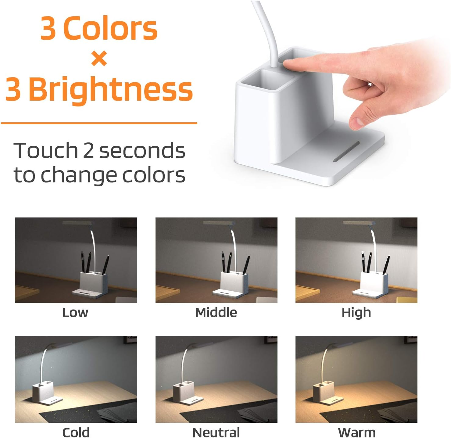 Ein Finger berührt eine weiße Lampe mit Stiftehalter. Es zeigt 3 Farben und 3 Helligkeiten.
