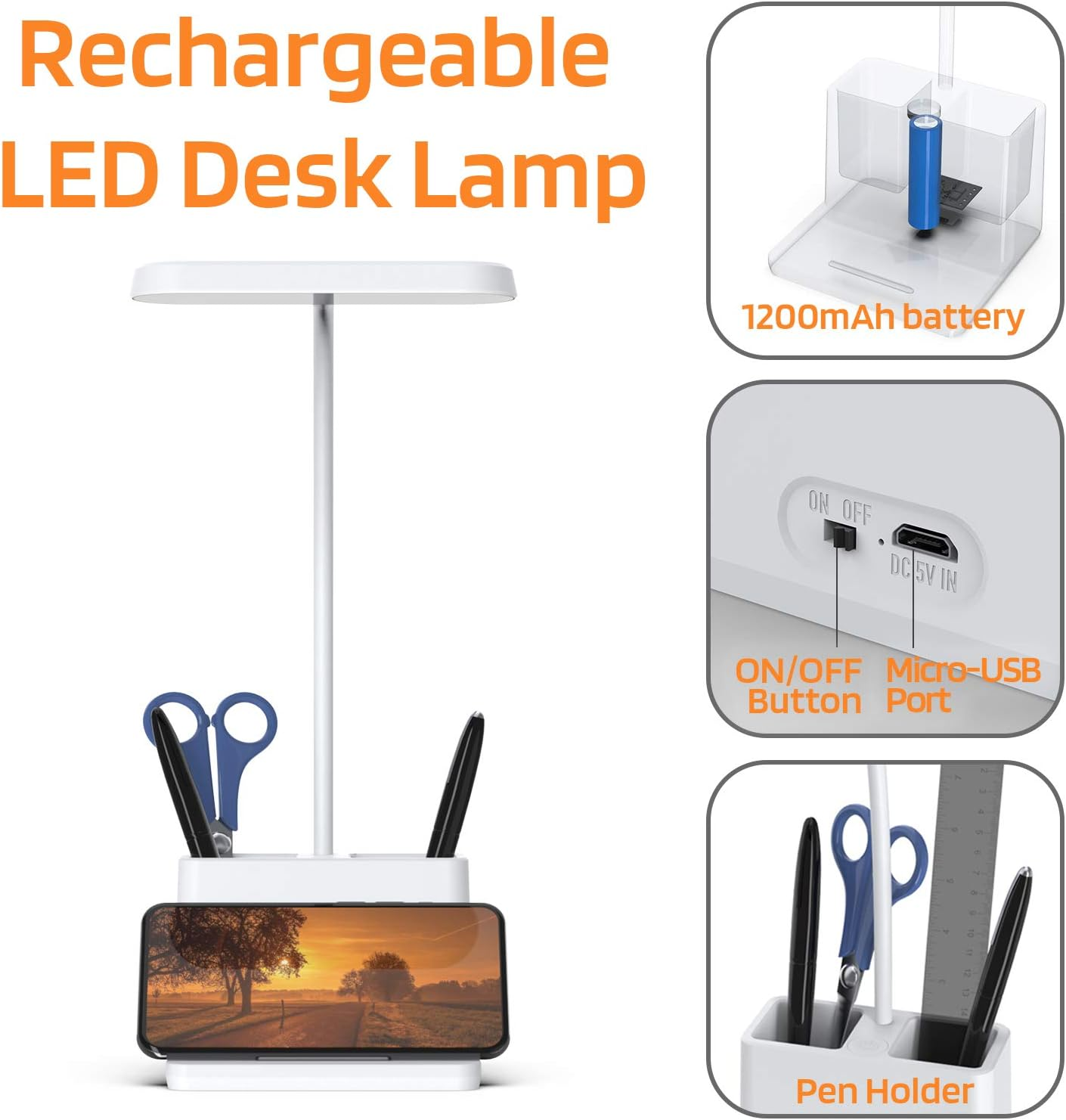 Wiederaufladbare LED-Schreibtischlampe mit Stiftehalter und Handyhalter.