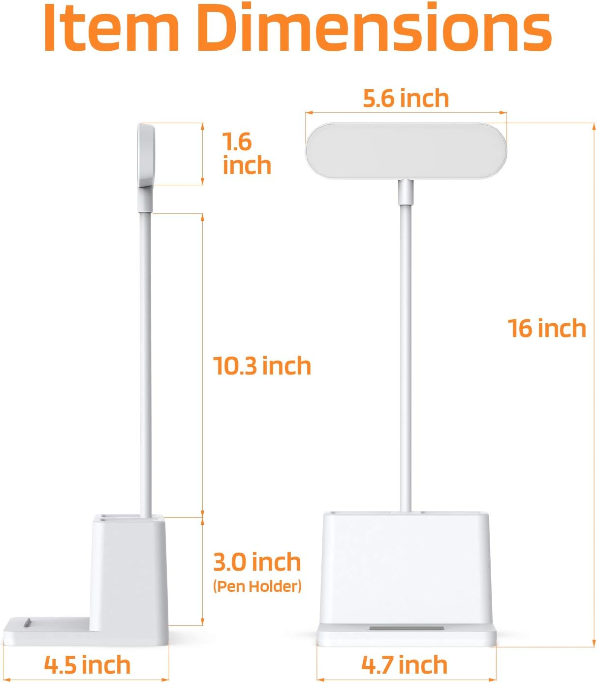 Produktabmessungen: 16" H. Basis ist 4,7" B, 4,5" T. Oberseite ist 5,6" B. Halter ist 3" H.