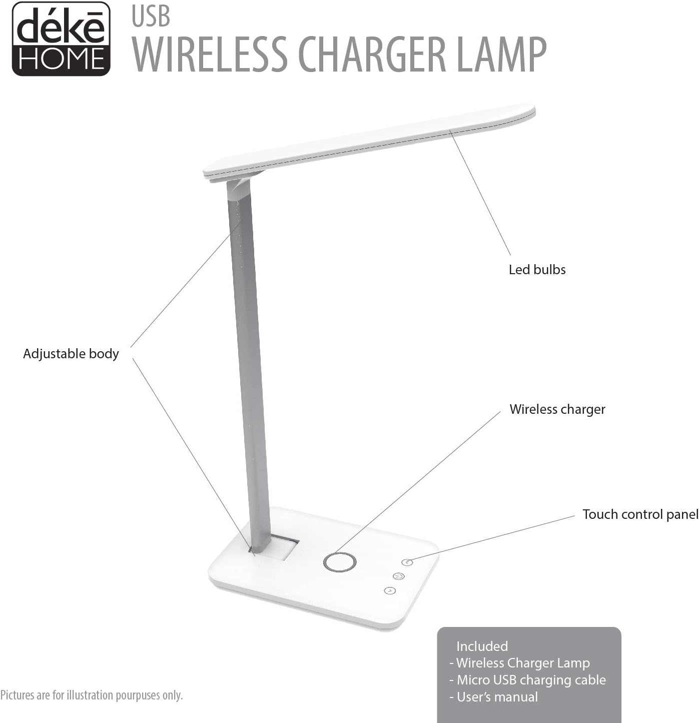 Weiße Schreibtischlampe mit verstellbarem Arm, LED-Leuchten und kabellosem Ladegerät.