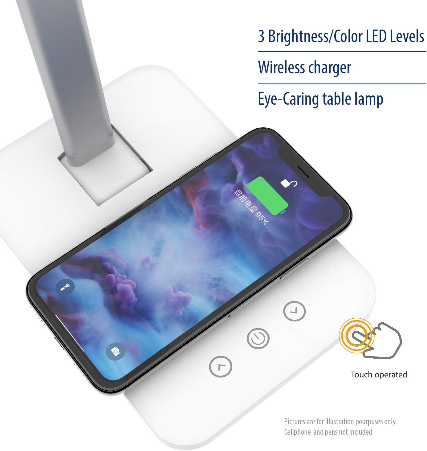 Ein Smartphone mit 95% Akku lädt auf einer weißen Lampe mit Touch-Bedienung.