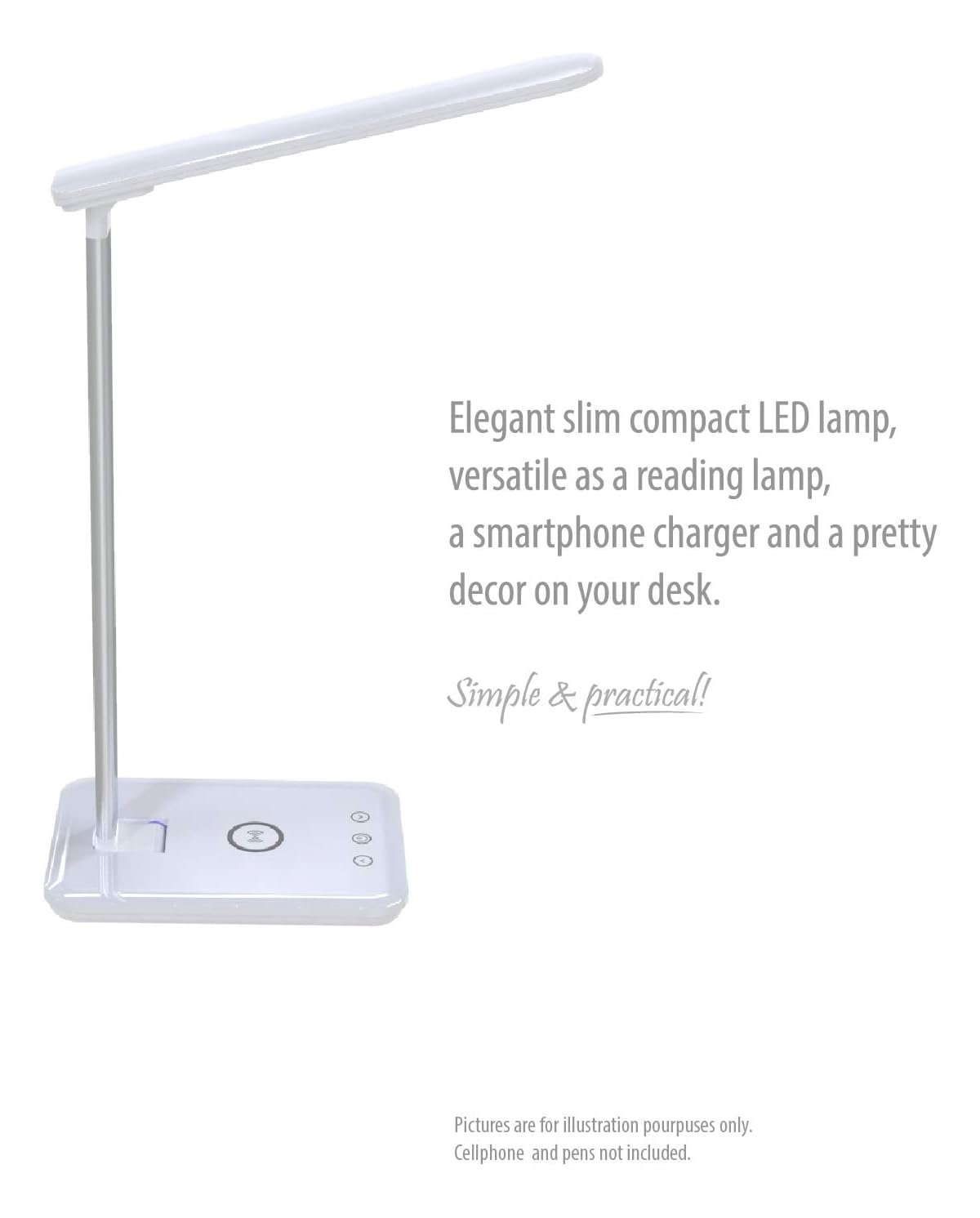 Elegante, schlanke LED-Lampe mit kabelloser Ladefunktion und drei Tasten.