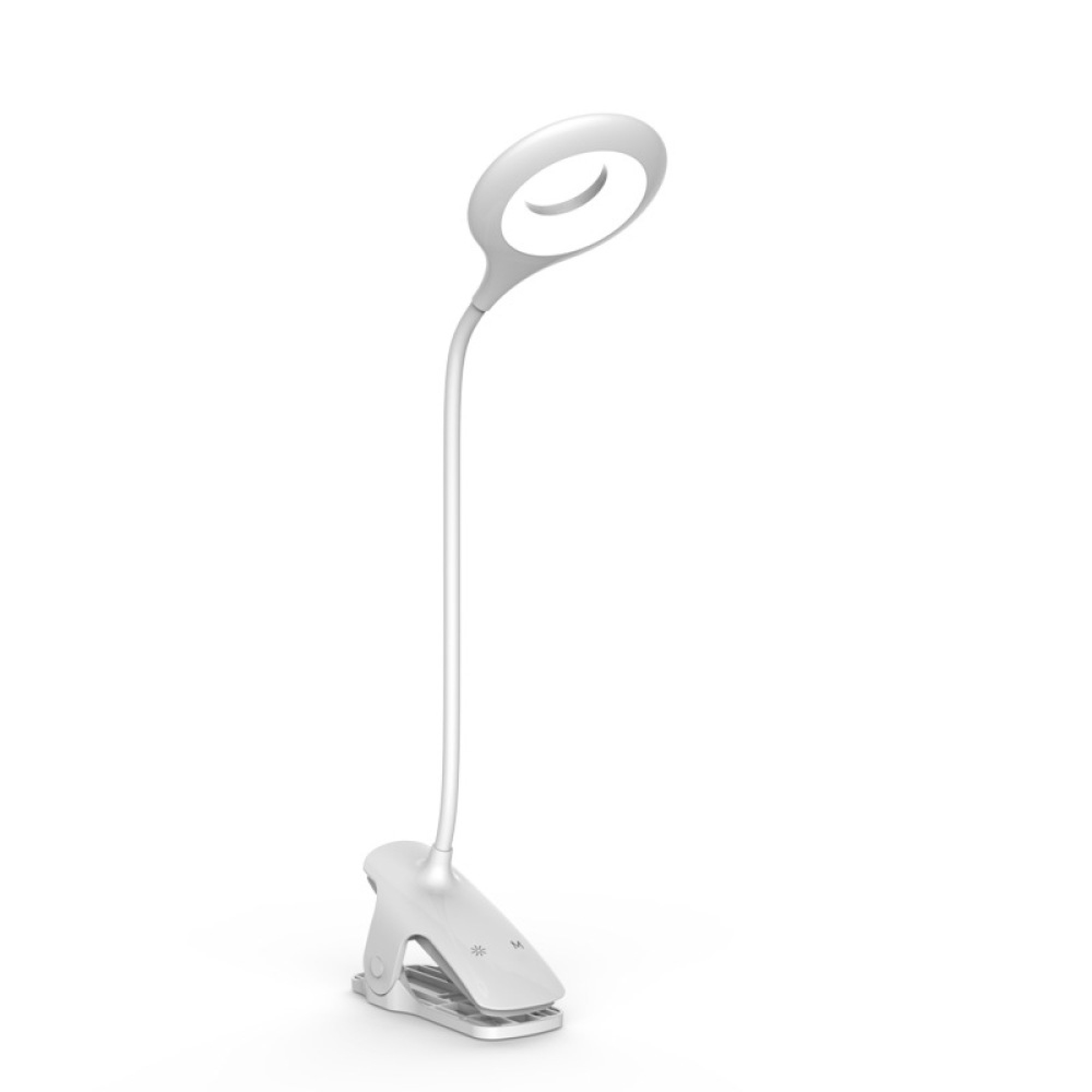 Eine weiße Klemmlampe mit flexiblem Hals und rundem Lichtkopf.