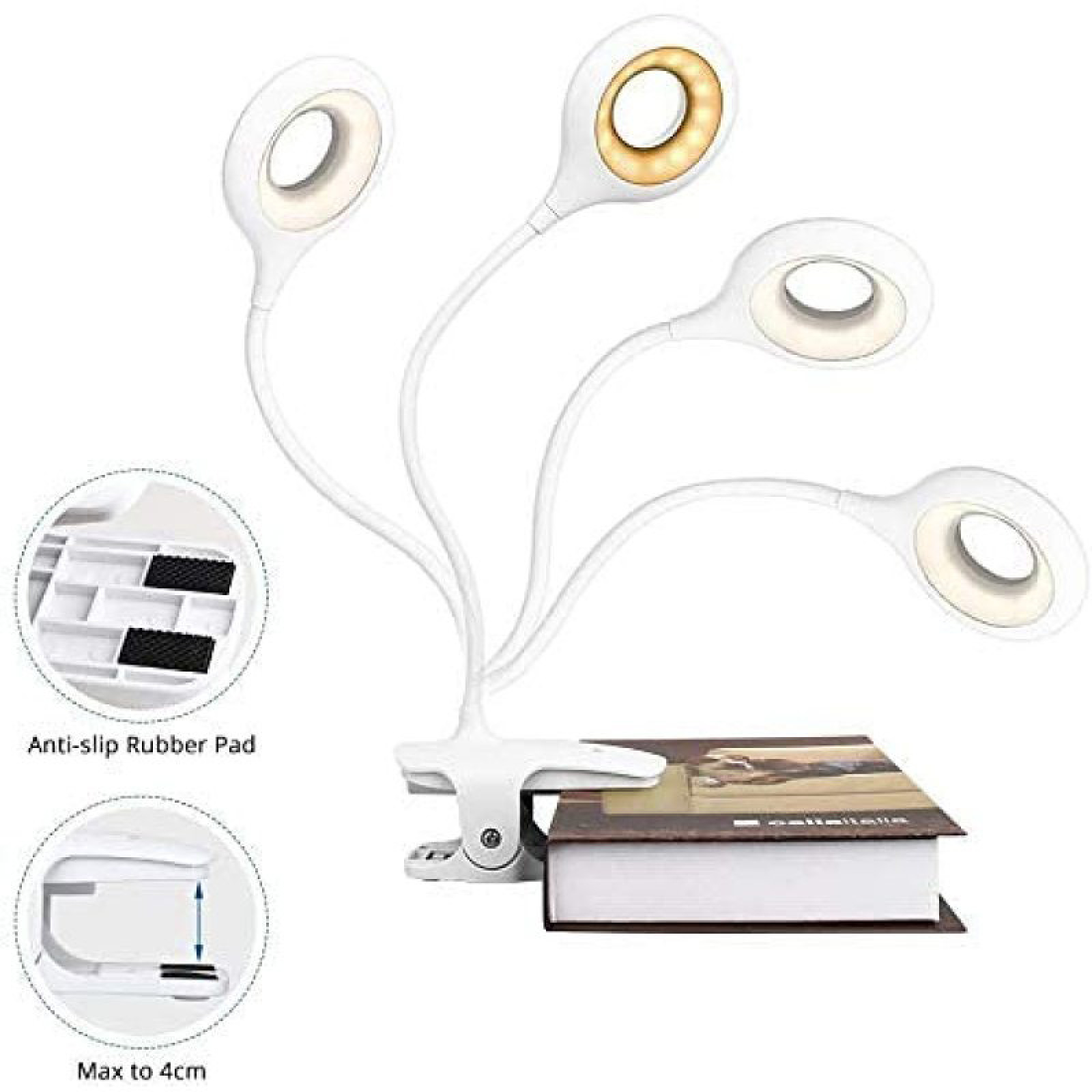 Ein weißes Klemm-Leselicht mit drei flexiblen Armen und LED-Köpfen, die auf einem Buch ruhen.