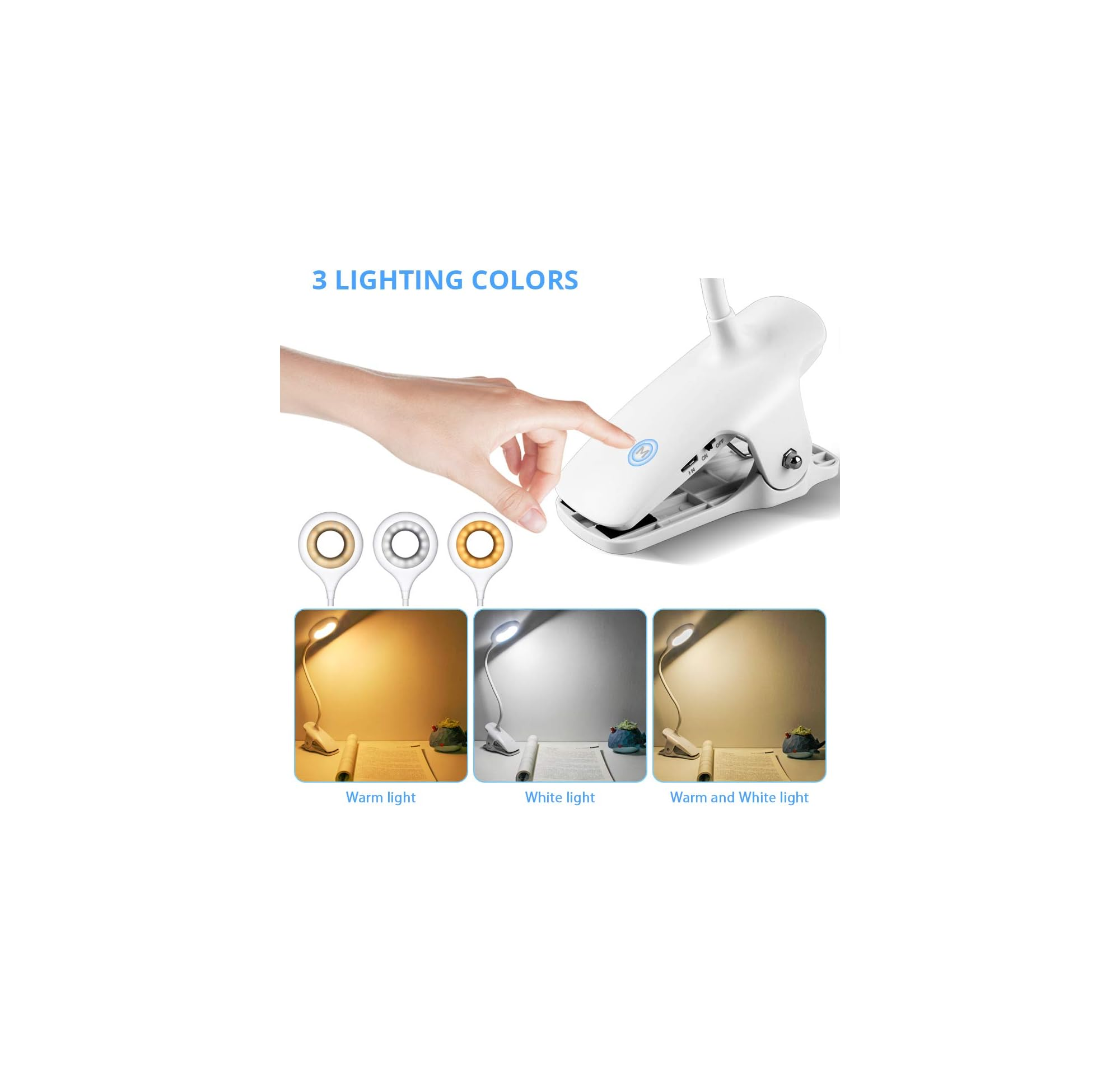 Ein weißes Klemm-Leselicht mit drei Lichtfarben: warm, weiß und warm/weiß.