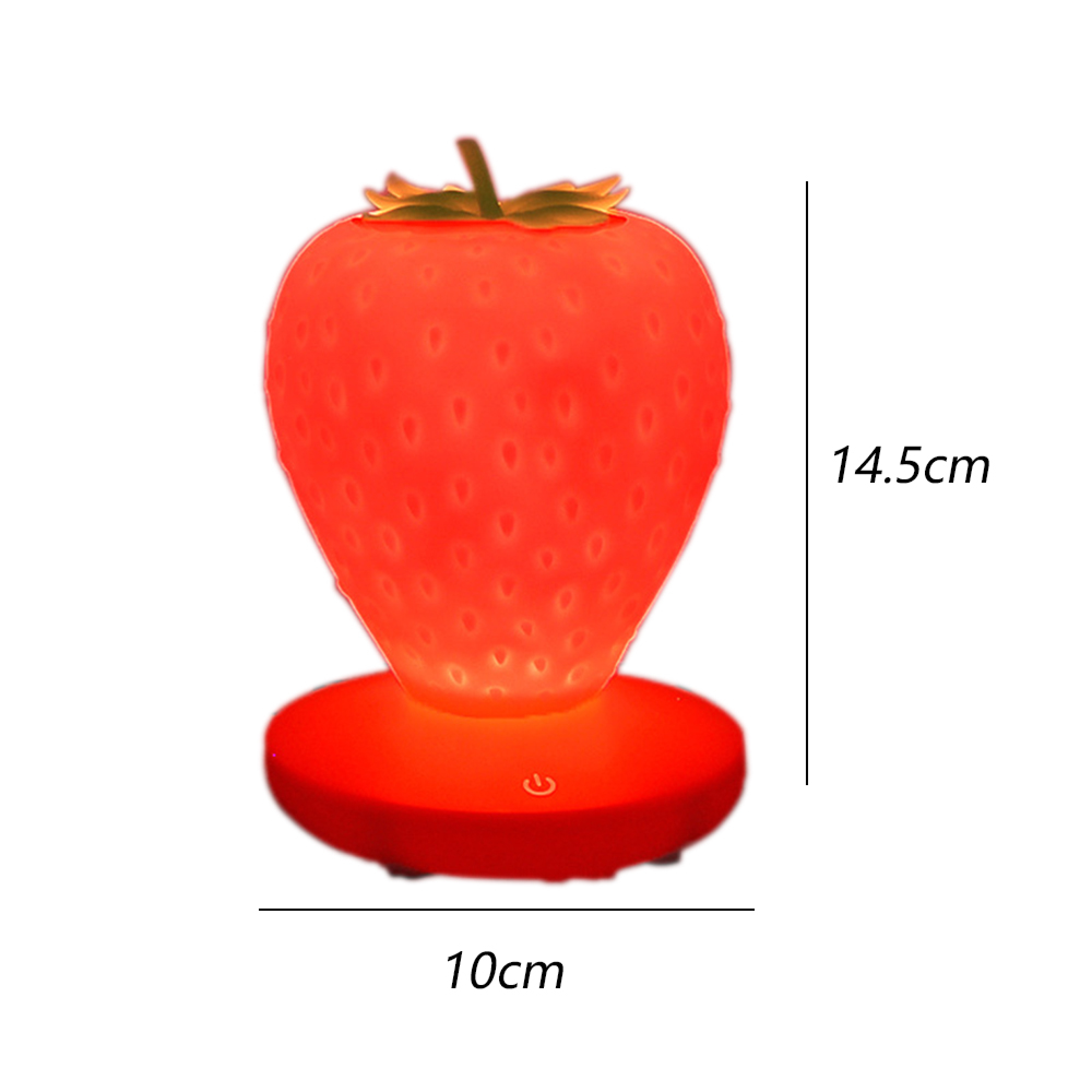 Eine leuchtende rote Erdbeerlampe auf einem runden Sockel mit Maßen.