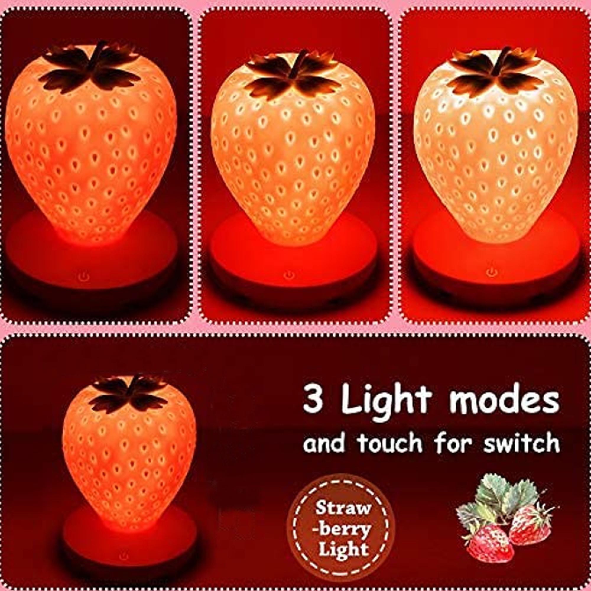 Eine Erdbeerlampe mit drei Lichtmodi und Touch-Schalter. Die Lampe leuchtet orange.