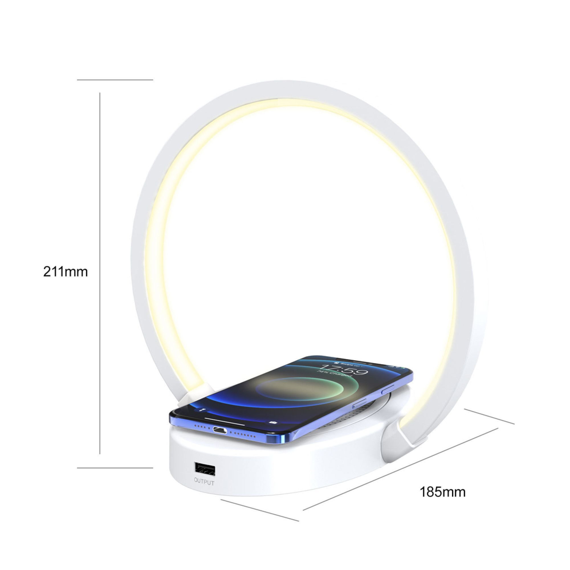 Ein weißes Ringlicht mit integrierter kabelloser Ladestation, auf der ein Smartphone liegt.