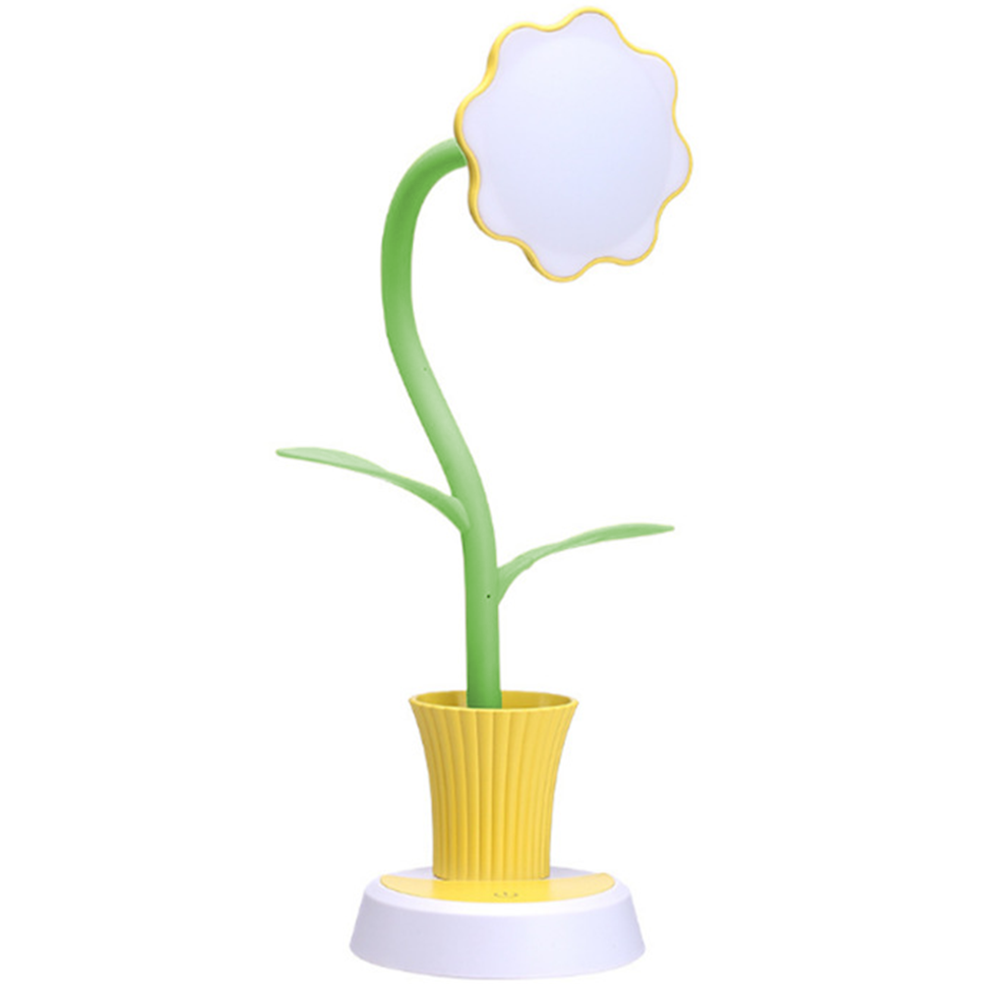 Eine grüne Lampe in Blumenform mit gelbem Rand steht in einem gelben Topf auf weißem Sockel.