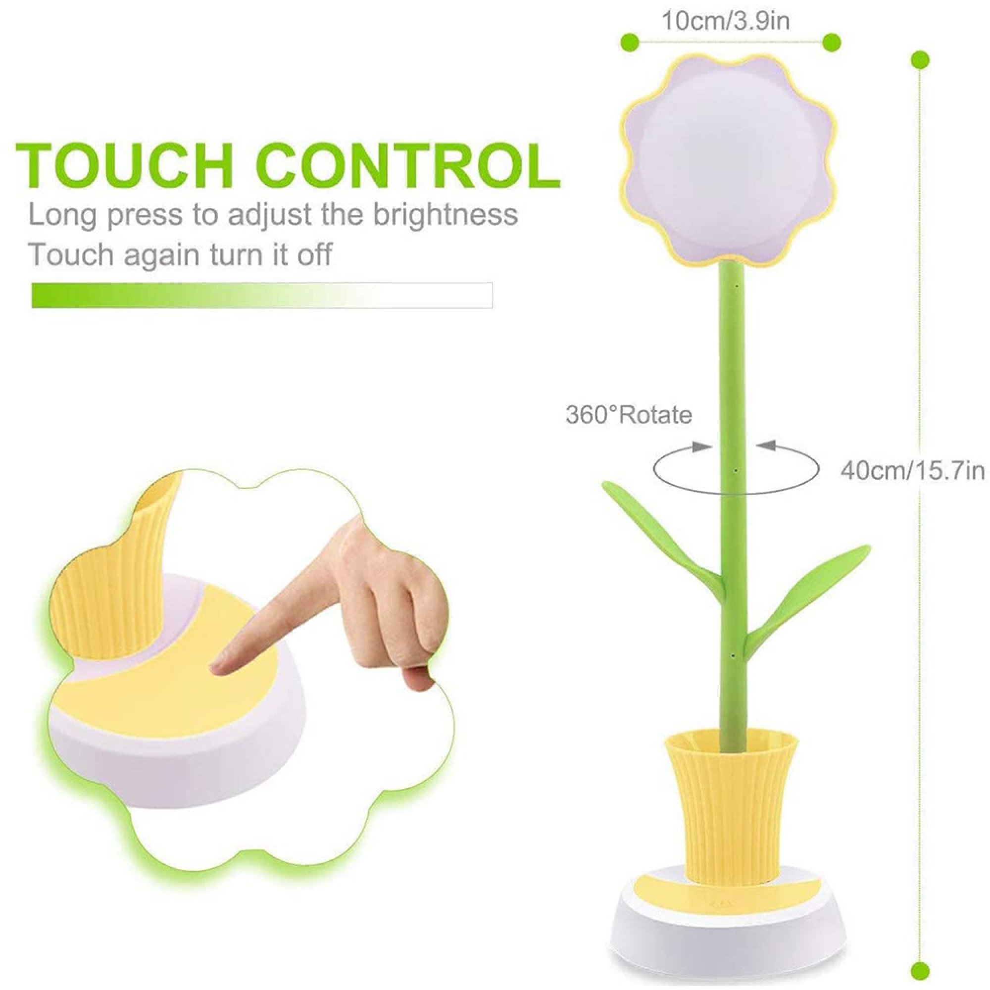 Blumenförmige Lampe mit Touch-Steuerung, 40cm hoch, 10cm breit.