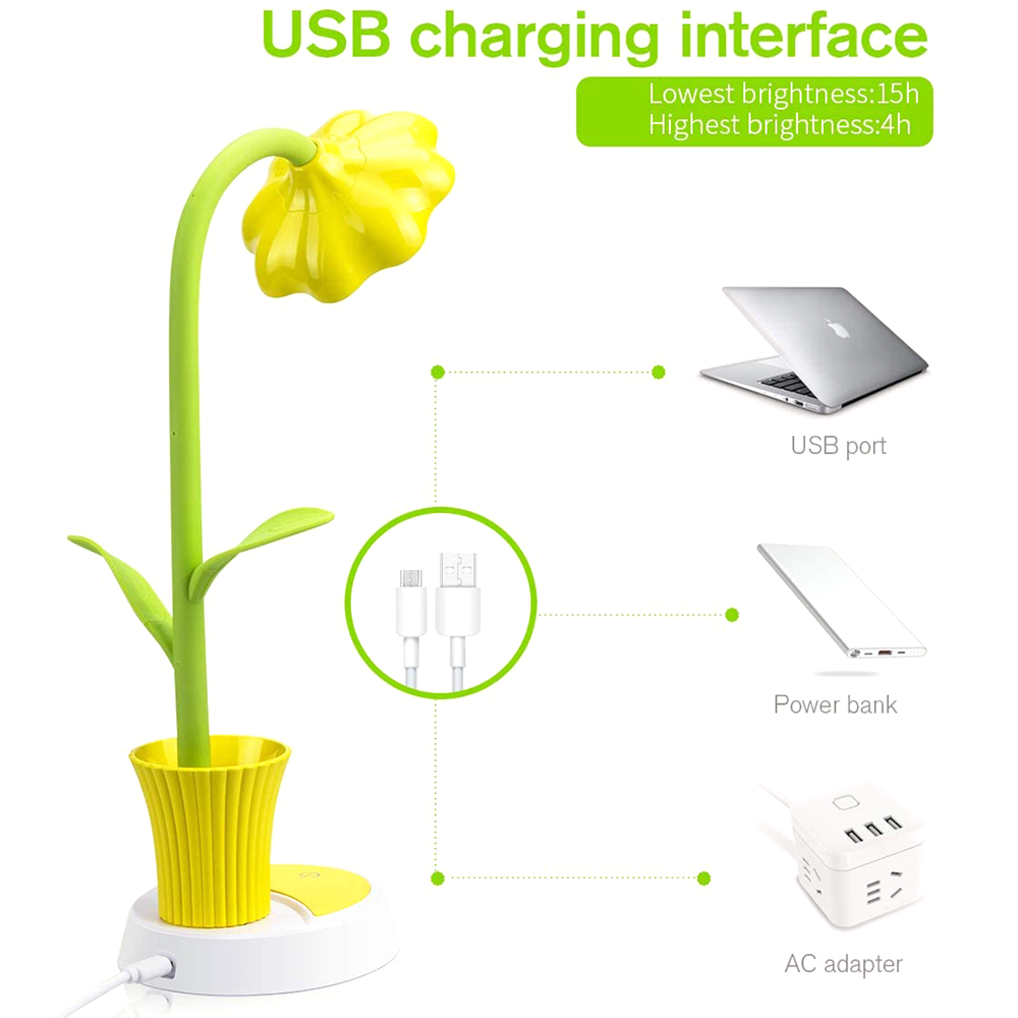 Gelbe Blumenlampe mit USB-Aufladung. Zeigt Laptop, Powerbank, Netzteil.