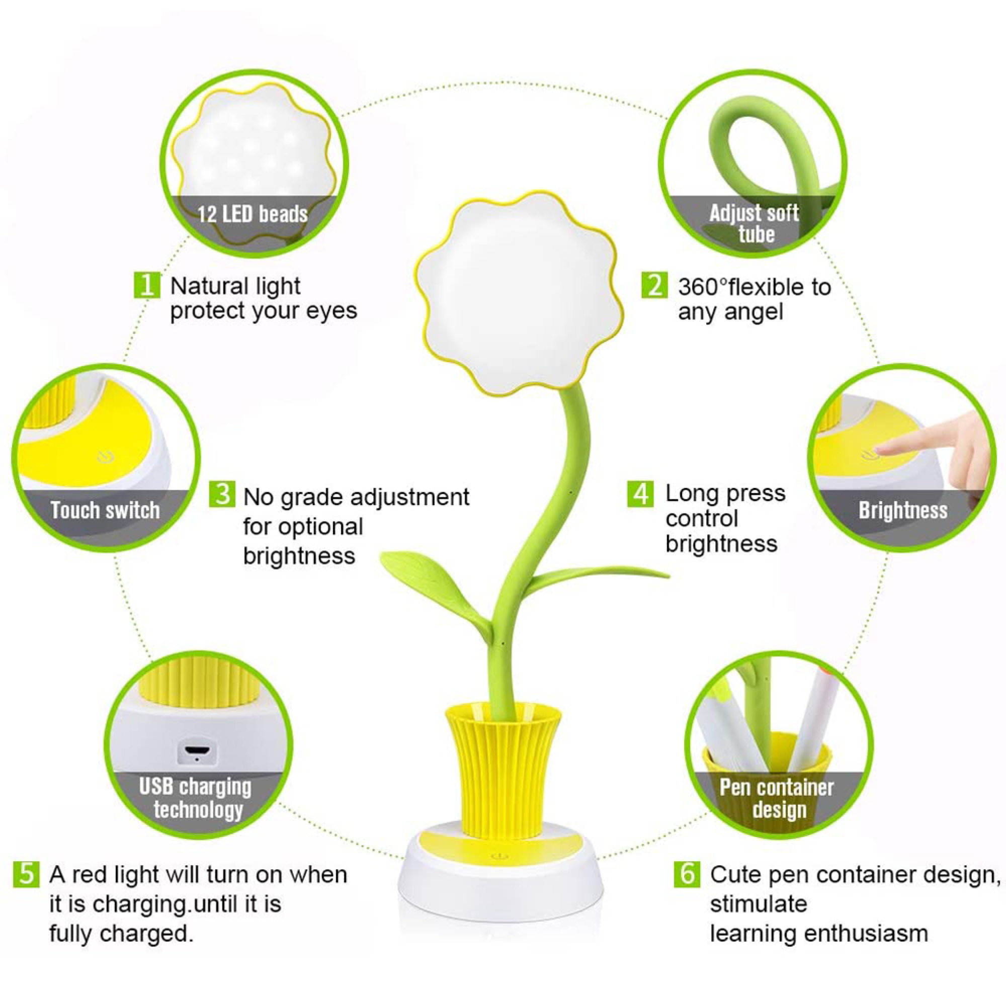 Eine grüne Lampe in Blumenform mit LED-Beleuchtung, USB-Ladeanschluss und Stiftehalter.
