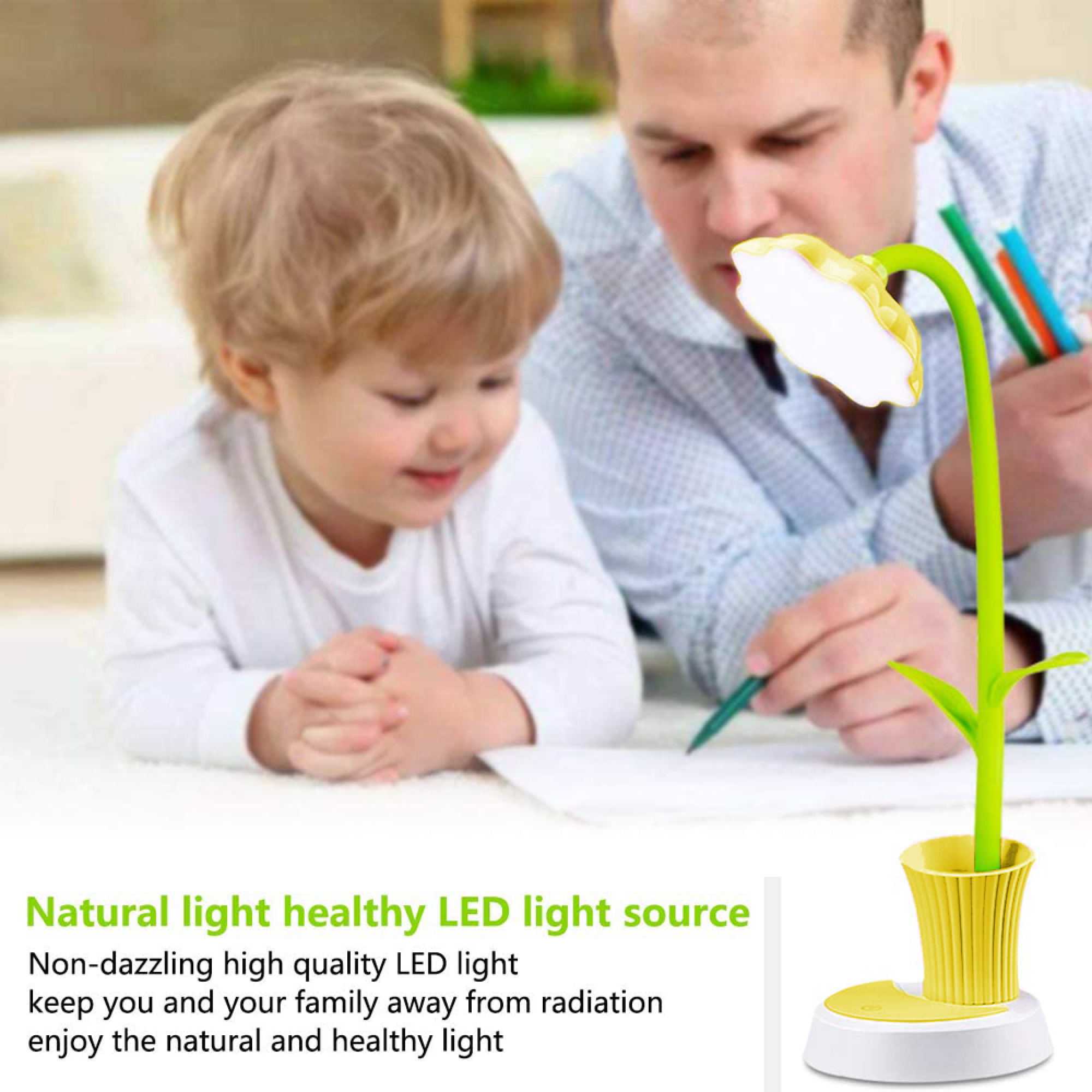Mann und Kind lernen mit einer Blumenlampe, die wie eine Pflanze aussieht.