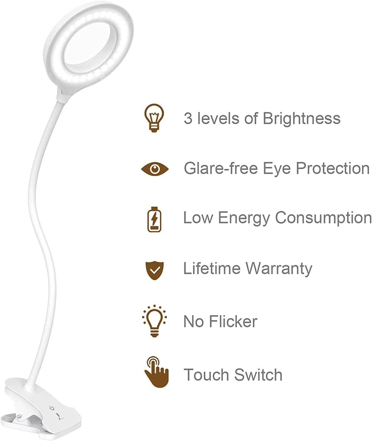 Eine weiße Klemmlampe mit 3 Helligkeitsstufen, Augenschutz, geringem Energieverbrauch.