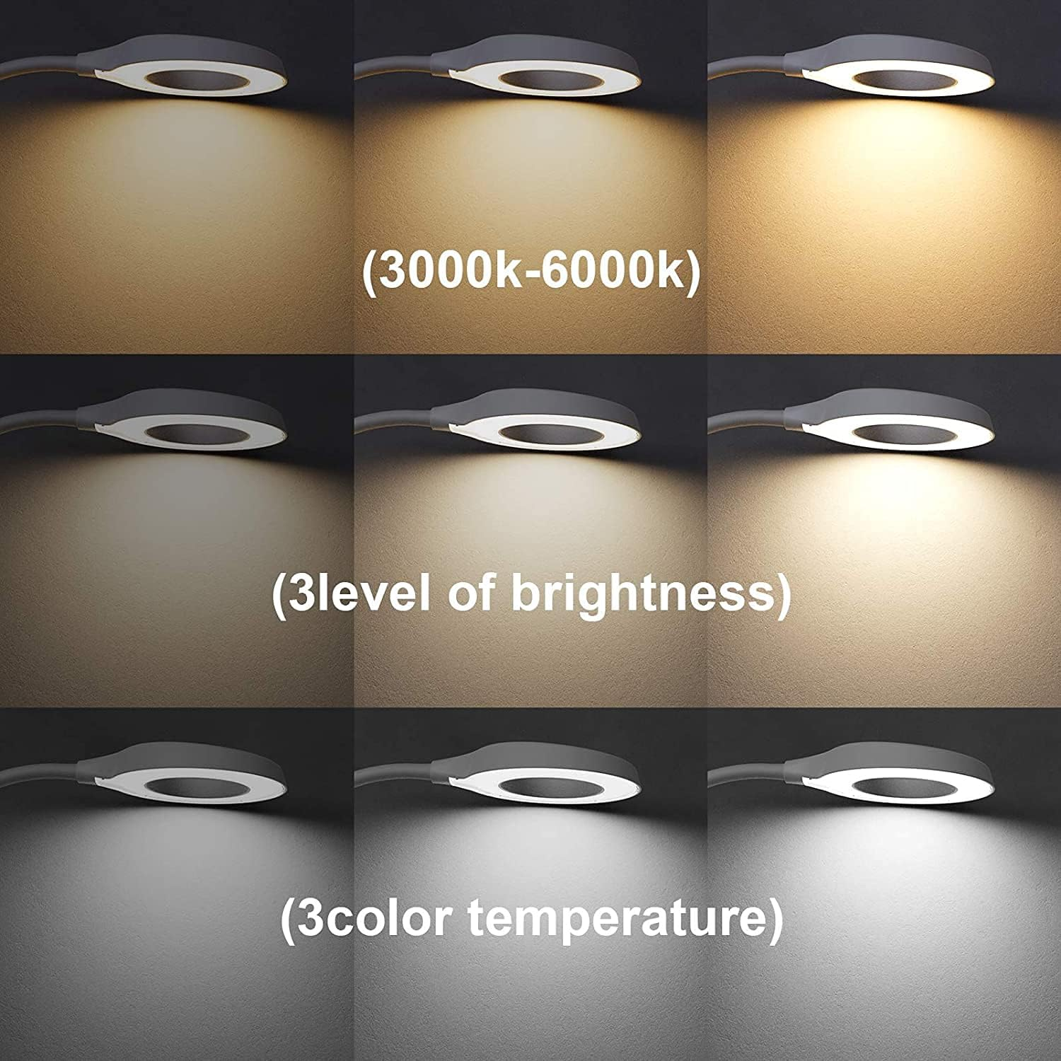 Drei Lampen zeigen Farb- und Helligkeitsmodi: 3000-6000k, 3 Helligkeitsstufen, 3 Farbtemperaturen.