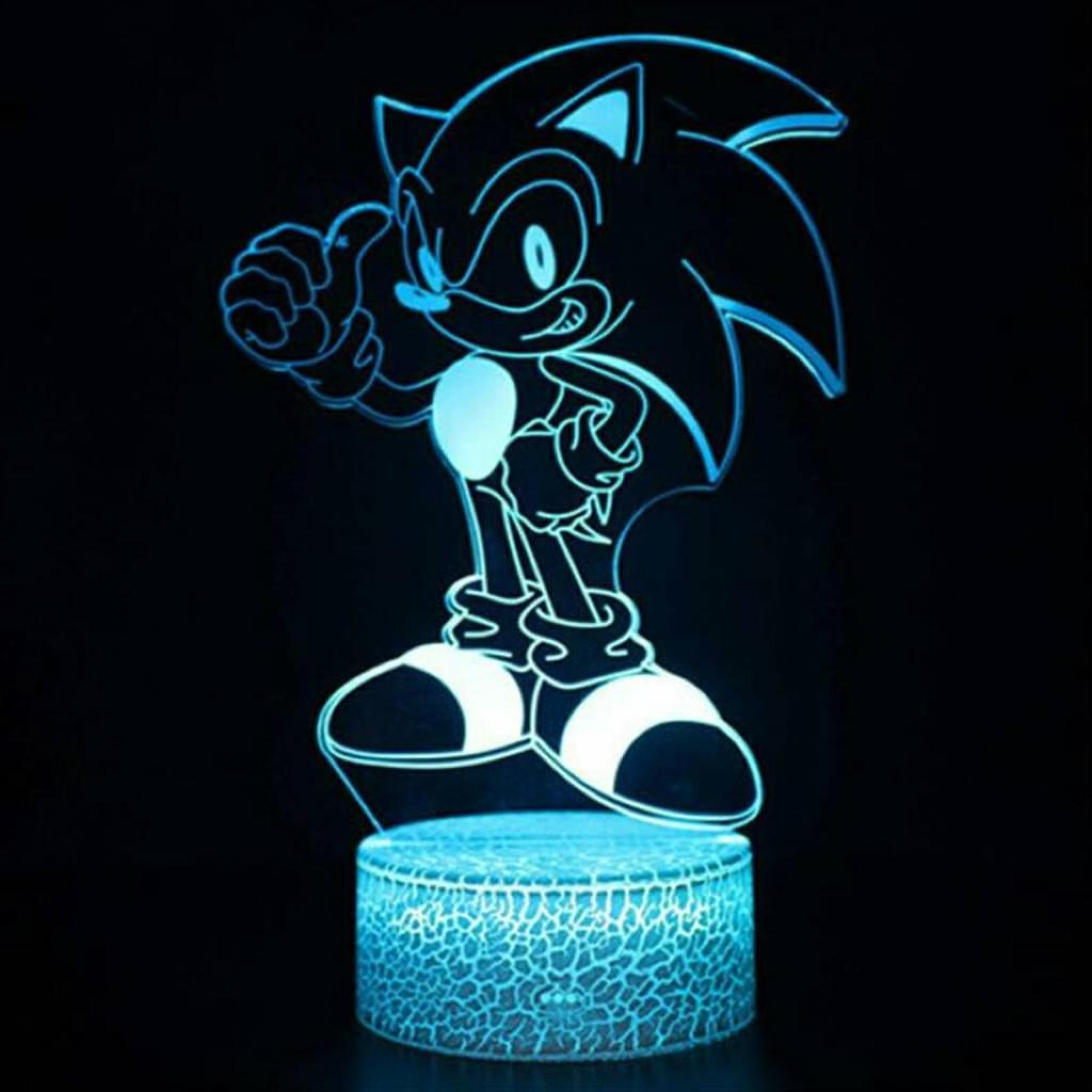 Eine blaue Neon-Lampe zeigt Sonic the Hedgehog auf einem beleuchteten Sockel.