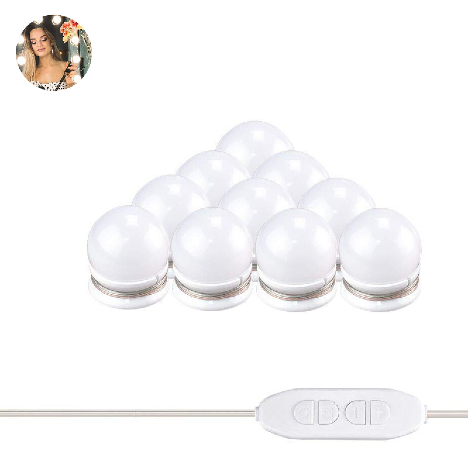 Zehn weiße LED-Lampen, dreireihig angeordnet, mit einem weißen Schalter.