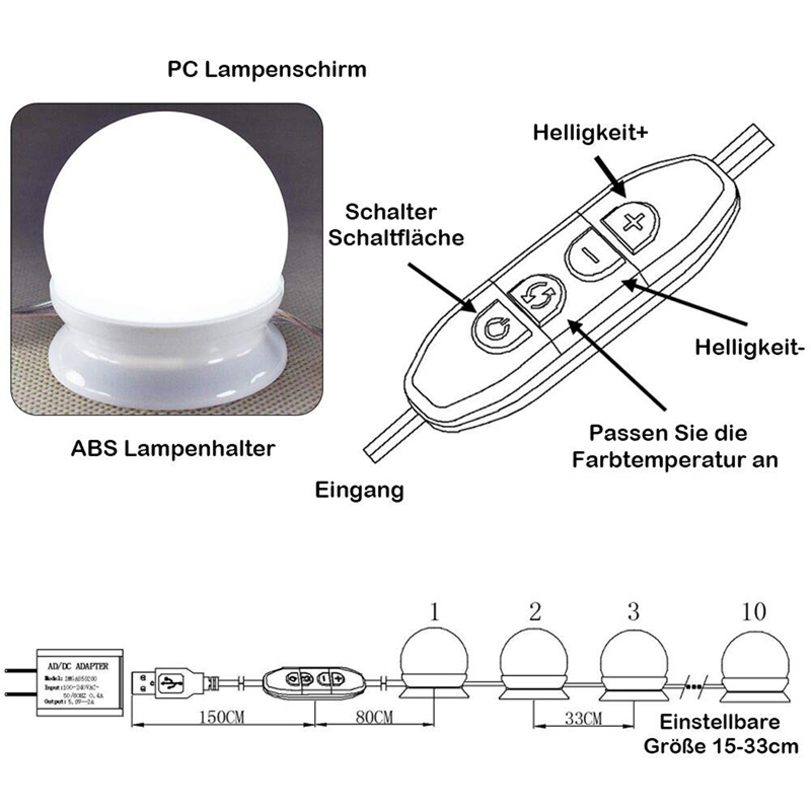Diagramm einer LED-Lampe mit Schalter, Netzteil und Glühbirnen.