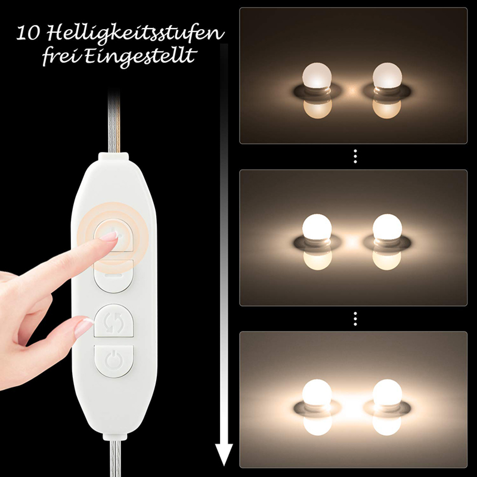 Ein Finger drückt auf einen weißen Dimmer. Mehrere Glühbirnen leuchten in verschiedenen Helligkeiten.