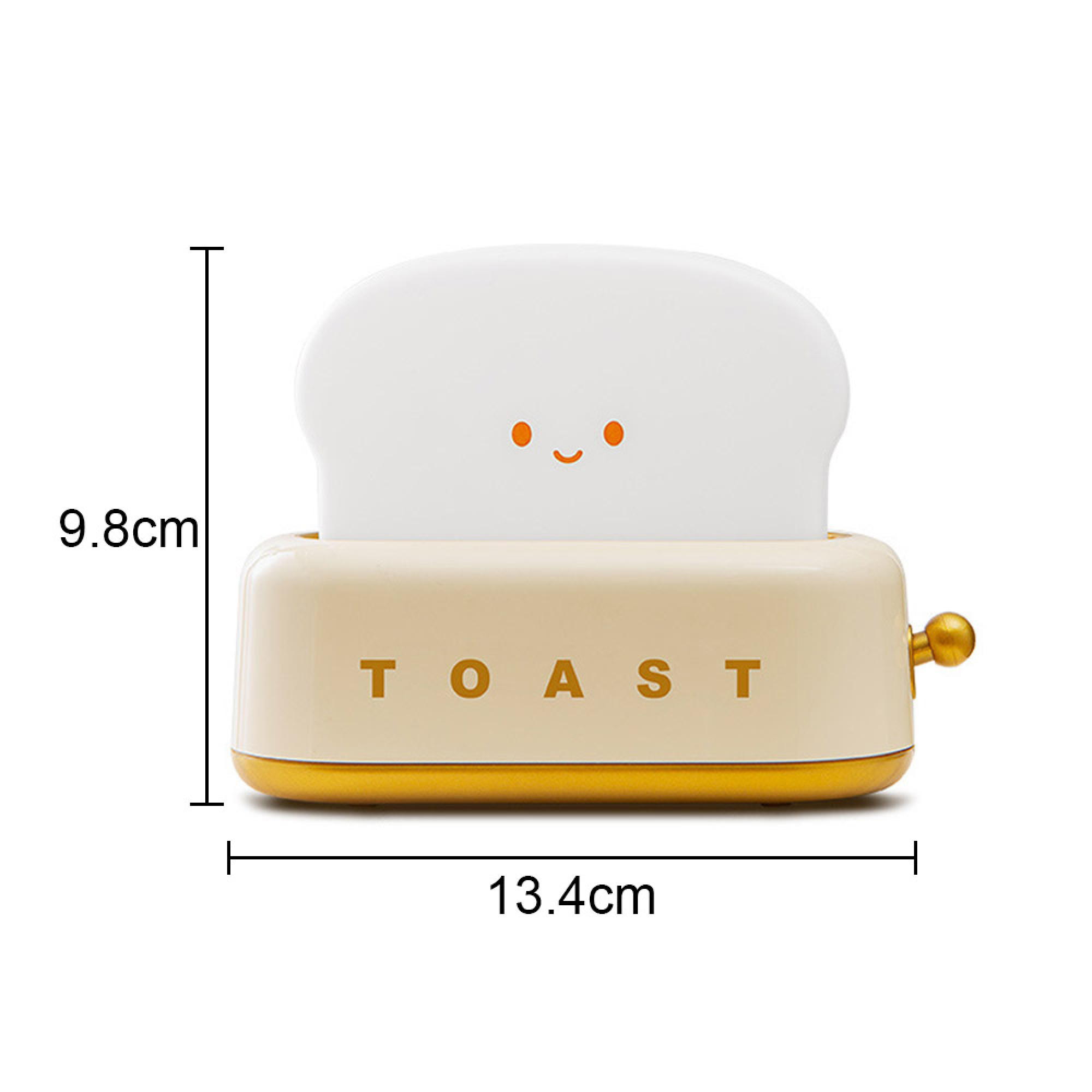 Ein cremefarbener Toaster mit süßem Gesicht und goldenem Hebel.