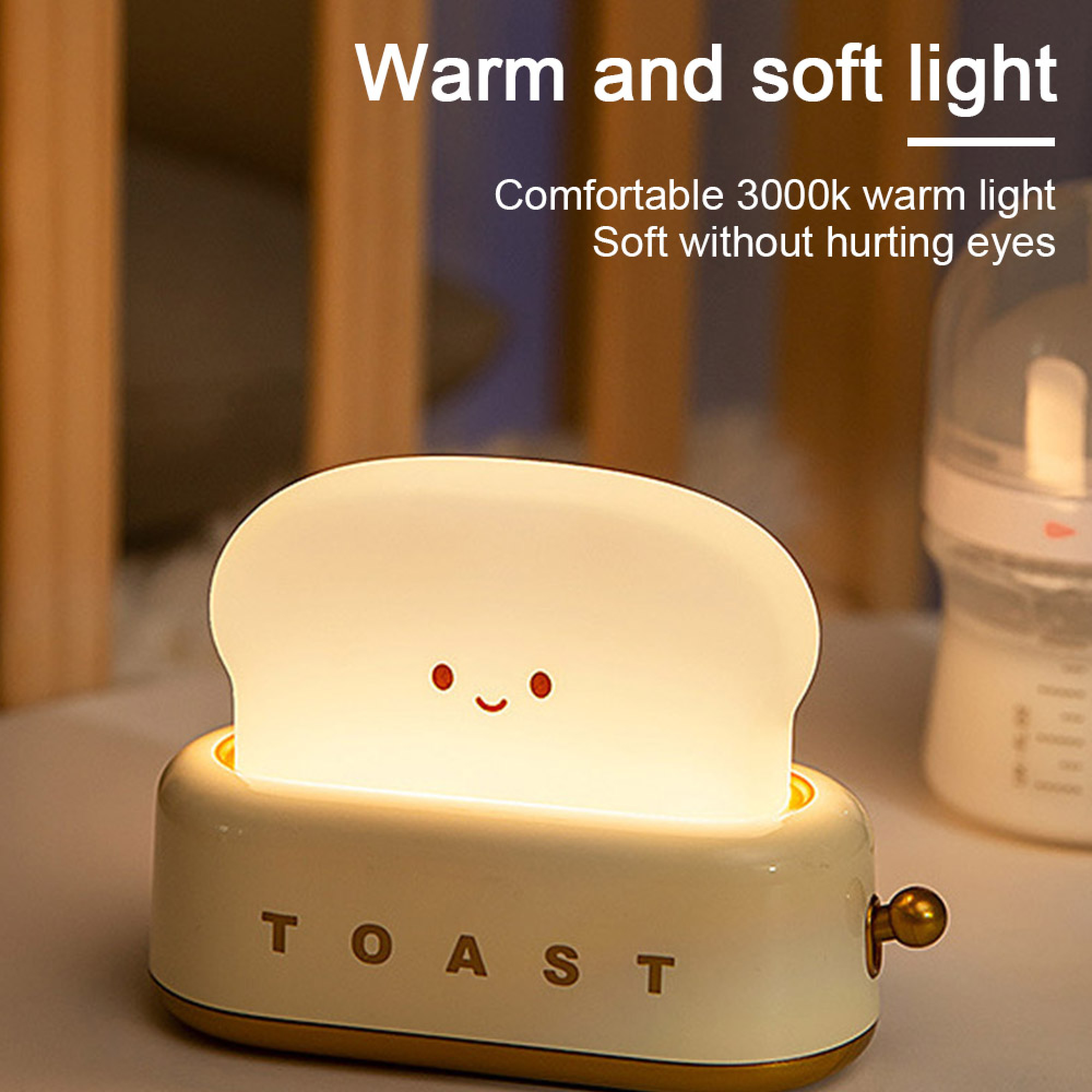 Ein süßes toastförmiges Nachtlicht gibt warmes, weiches Licht ab, mit Text