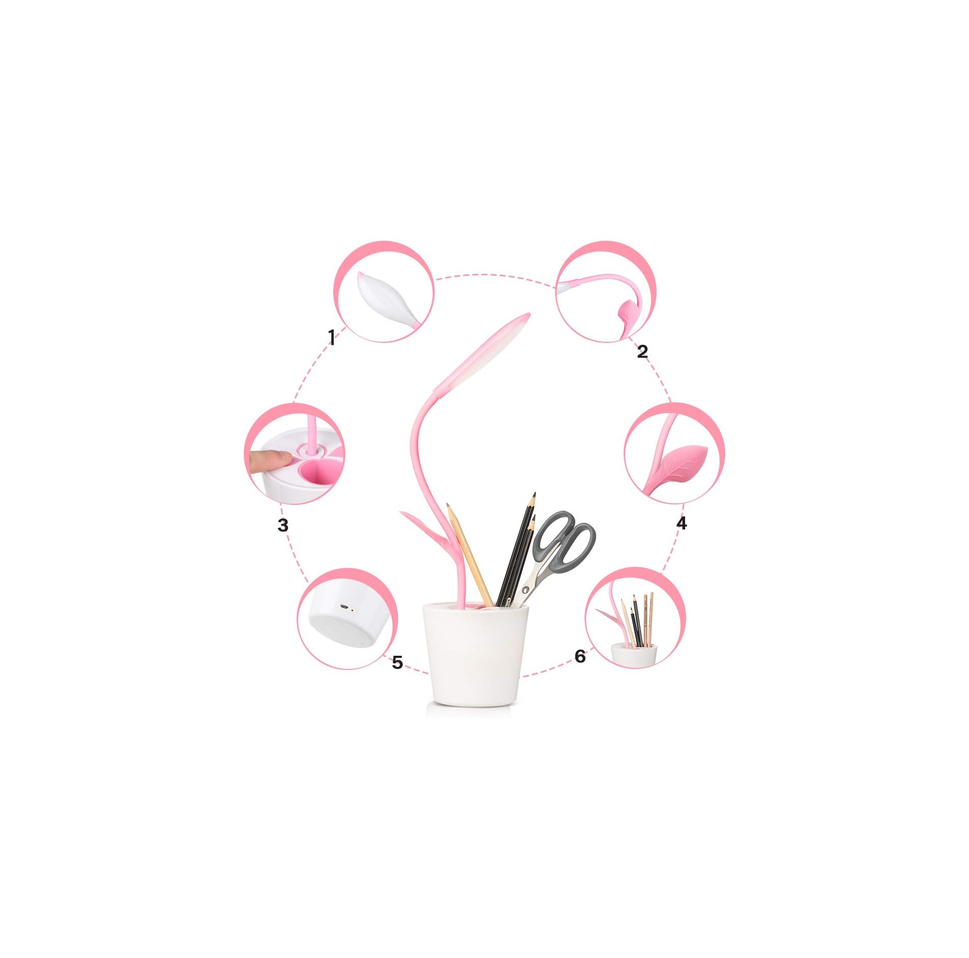 Pinke Schreibtischlampe mit Blumendesign, mit Schere und Bleistiften im Behälter.