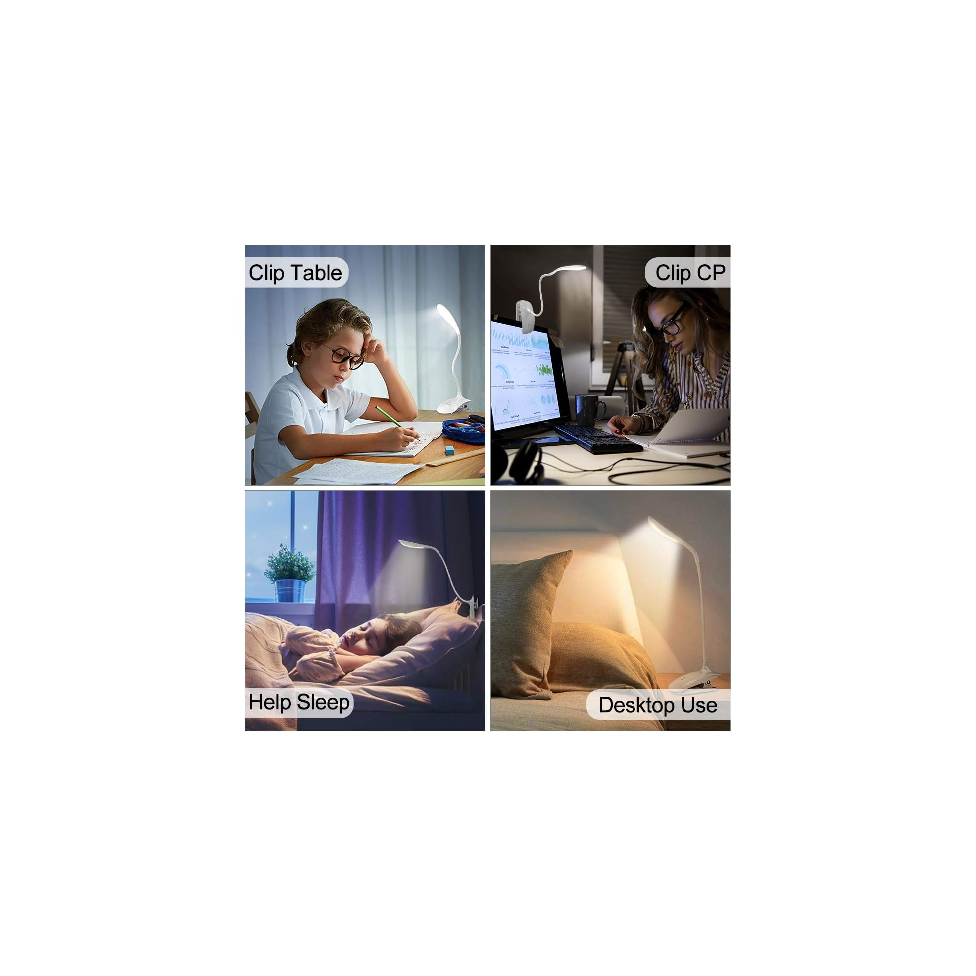 Vier Bilder: Kind lernt, Frau am Computer, Kind schläft, Lampe auf Kissen.