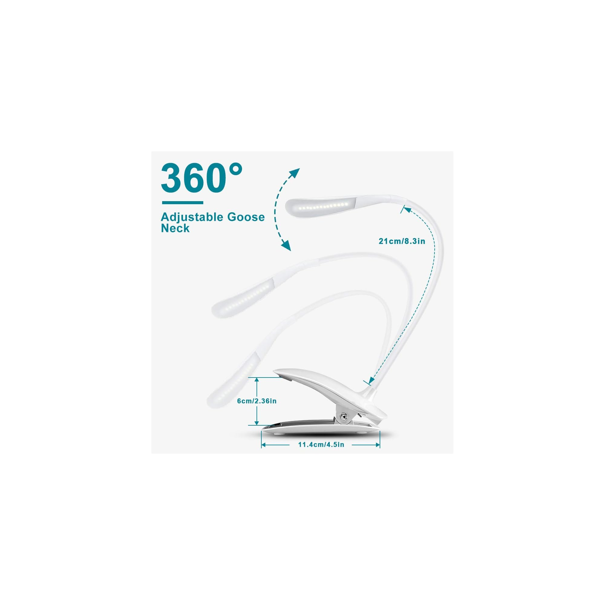 Verstellbare weiße LED-Klemmlampe mit 360° drehbarem Hals und Maßen.
