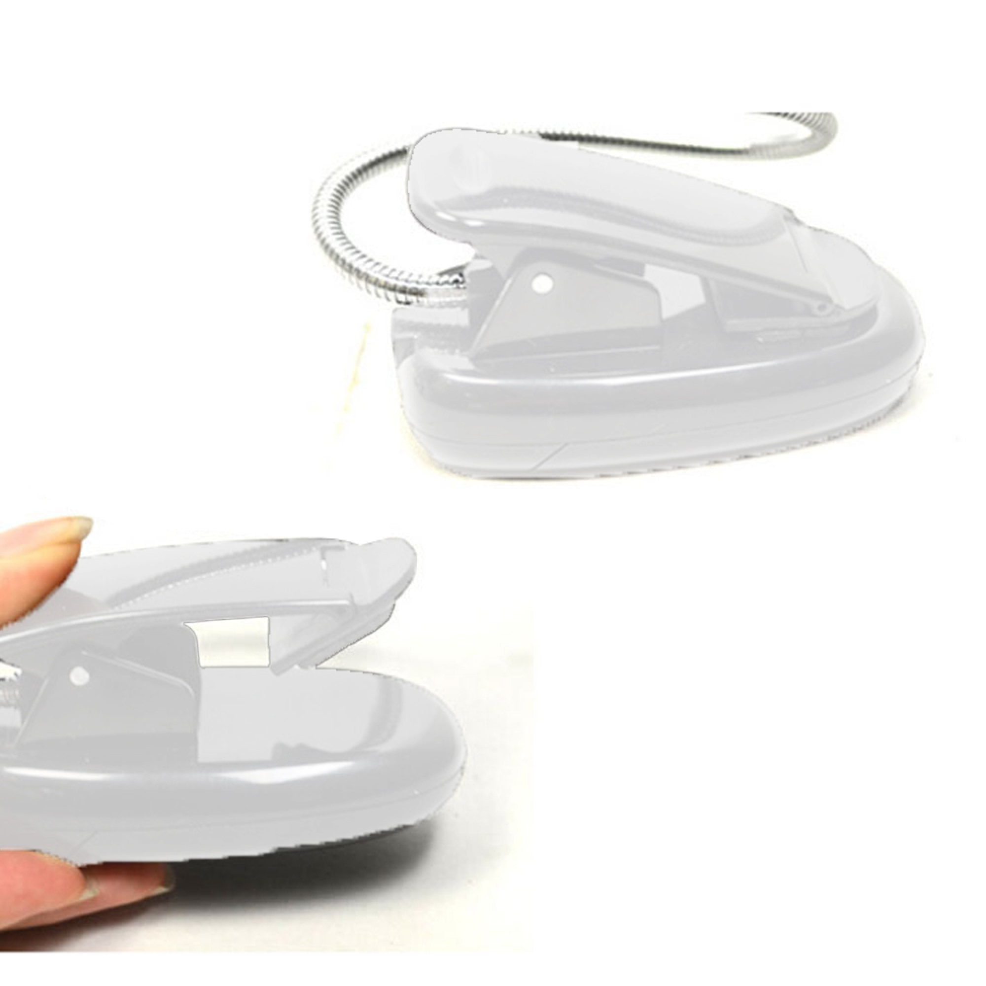 Ein weißer Locher mit einem flexiblen Metallhals und einer LED-Lampe.