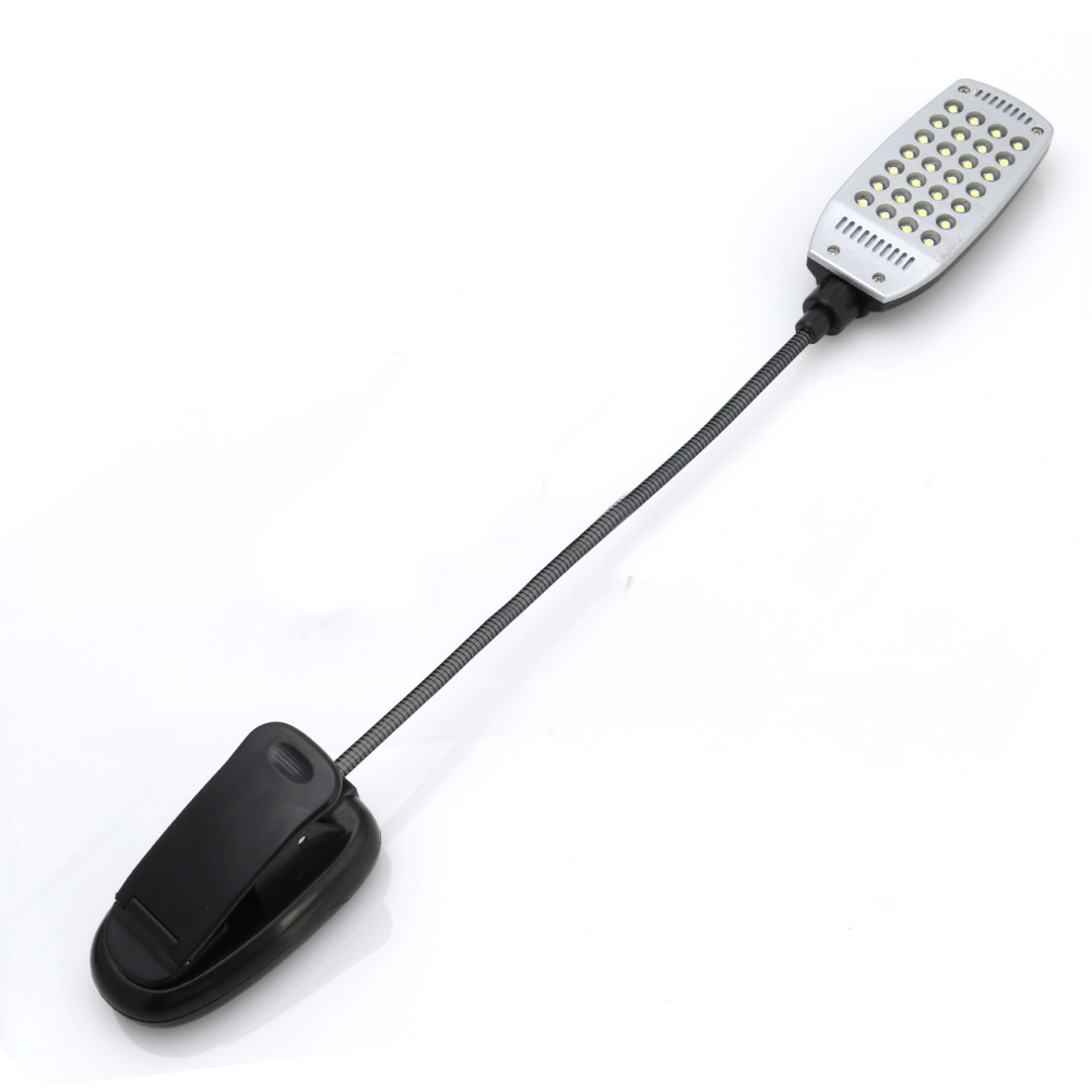 Ein tragbares LED-Leselicht mit Klemmfuß und flexiblem Hals.