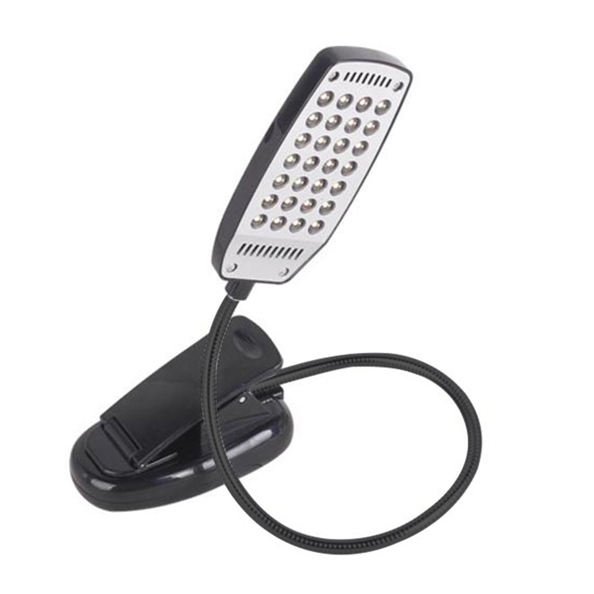 Eine flexible Klemmleuchte mit vielen LEDs und einem schwarzen Schwanenhals.