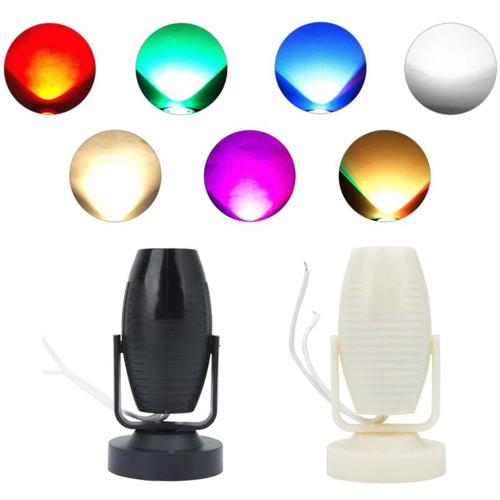 Sieben runde Lichter in Rot, Grün, Blau, Weiß, Gelb, Lila, Braun. Zwei Strahler darunter.