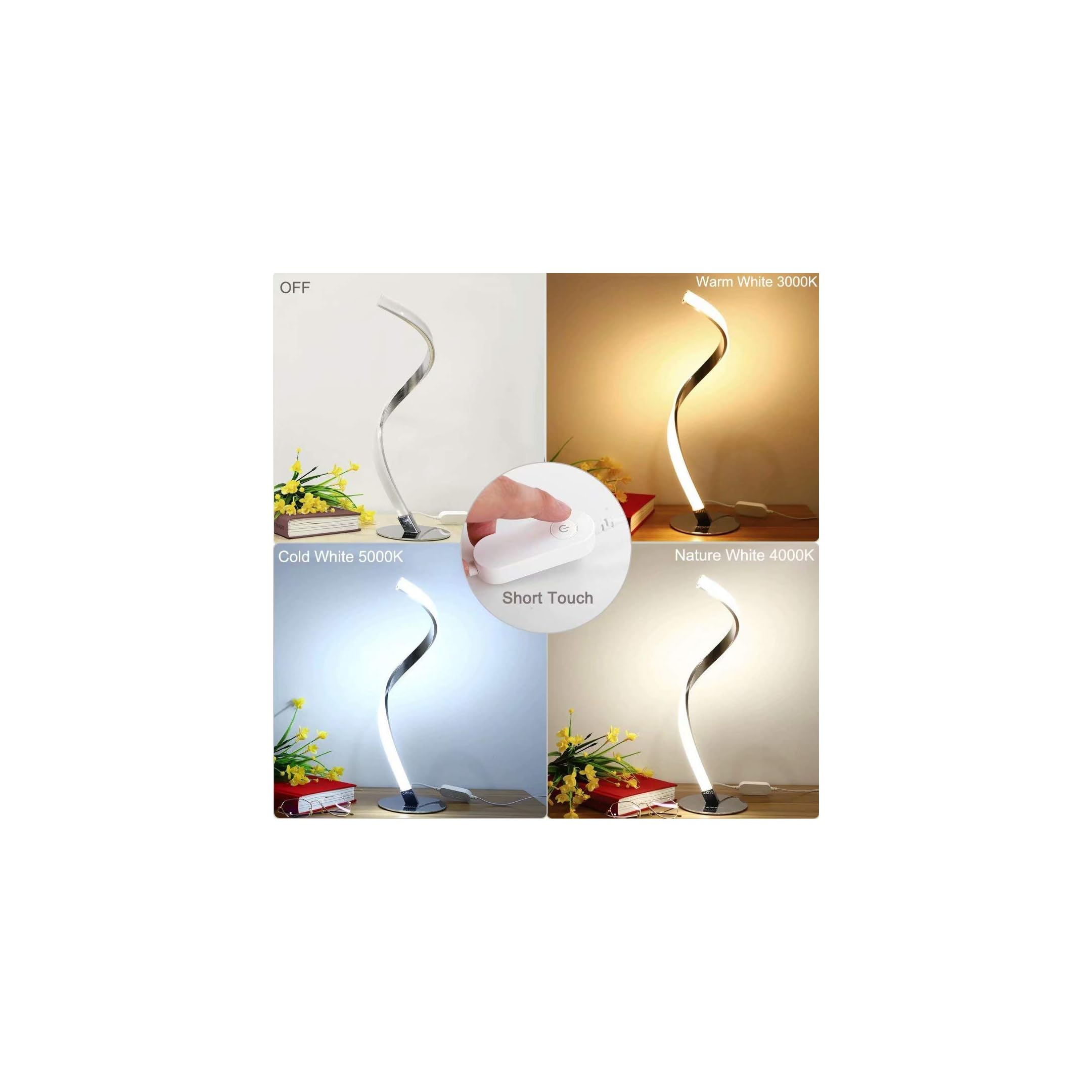 Schreibtischlampe in vier Modi: Aus, Warmweiß, Kaltweiß und Naturweiß.