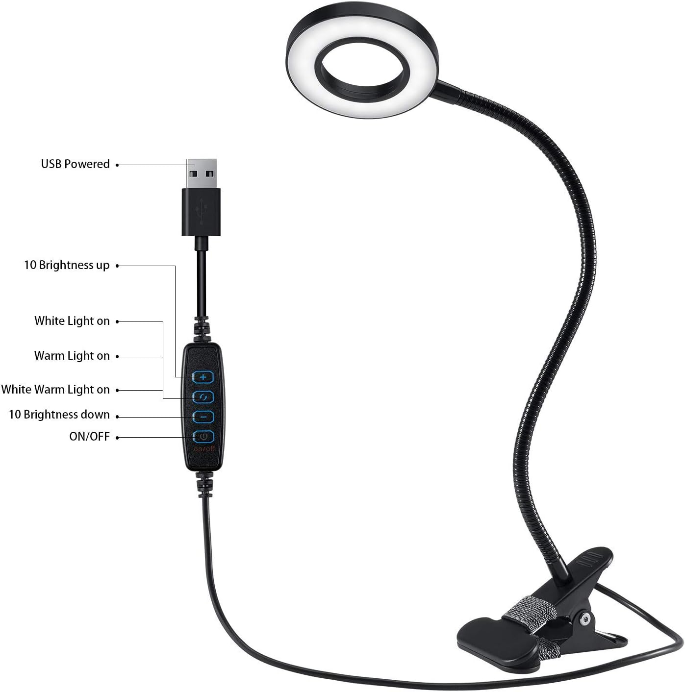 Eine USB-betriebene Klemm-Ringlampe mit flexiblem Hals und Fernbedienung.