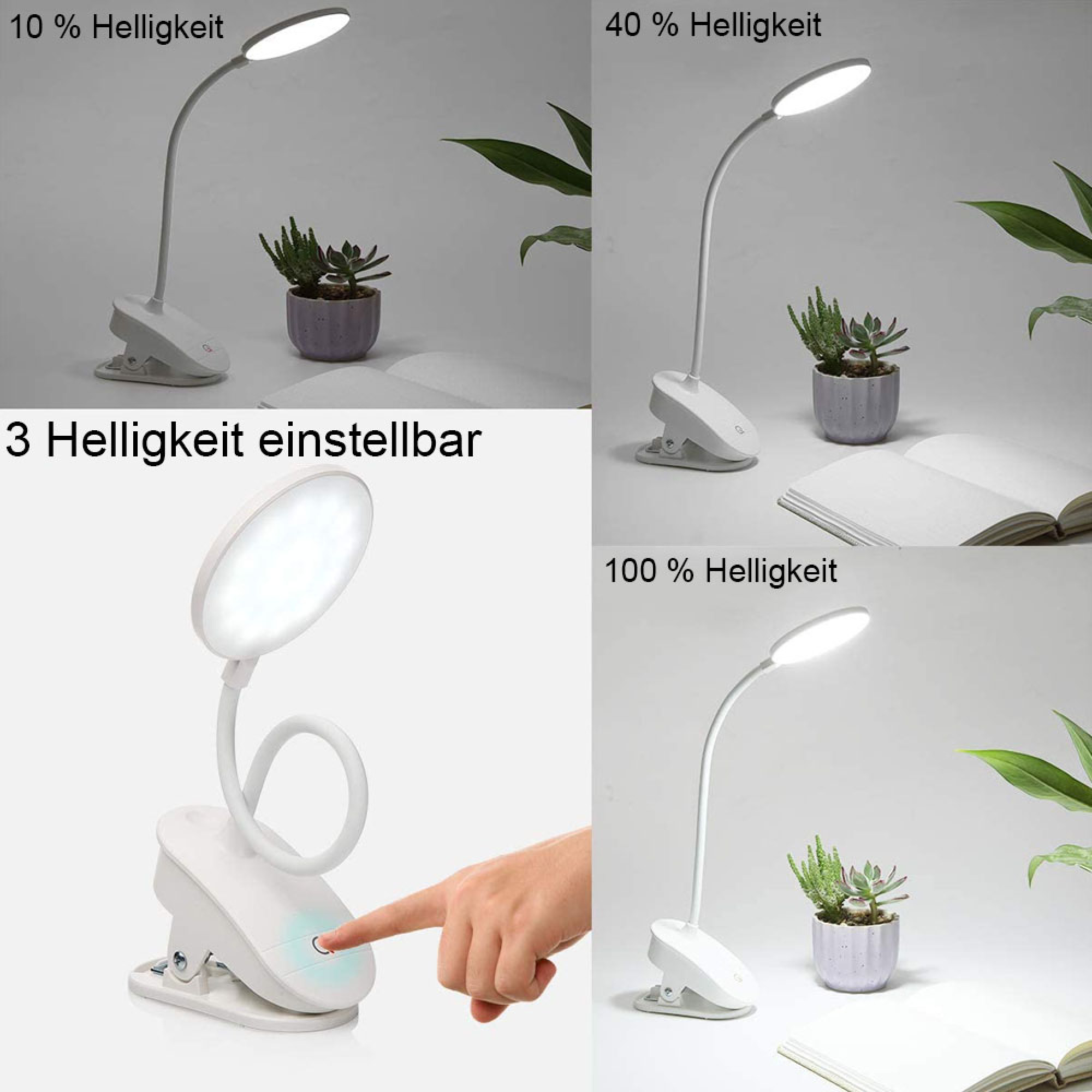 Weißes Klemmlicht mit flexiblen Hals, 3 Helligkeitsstufen.