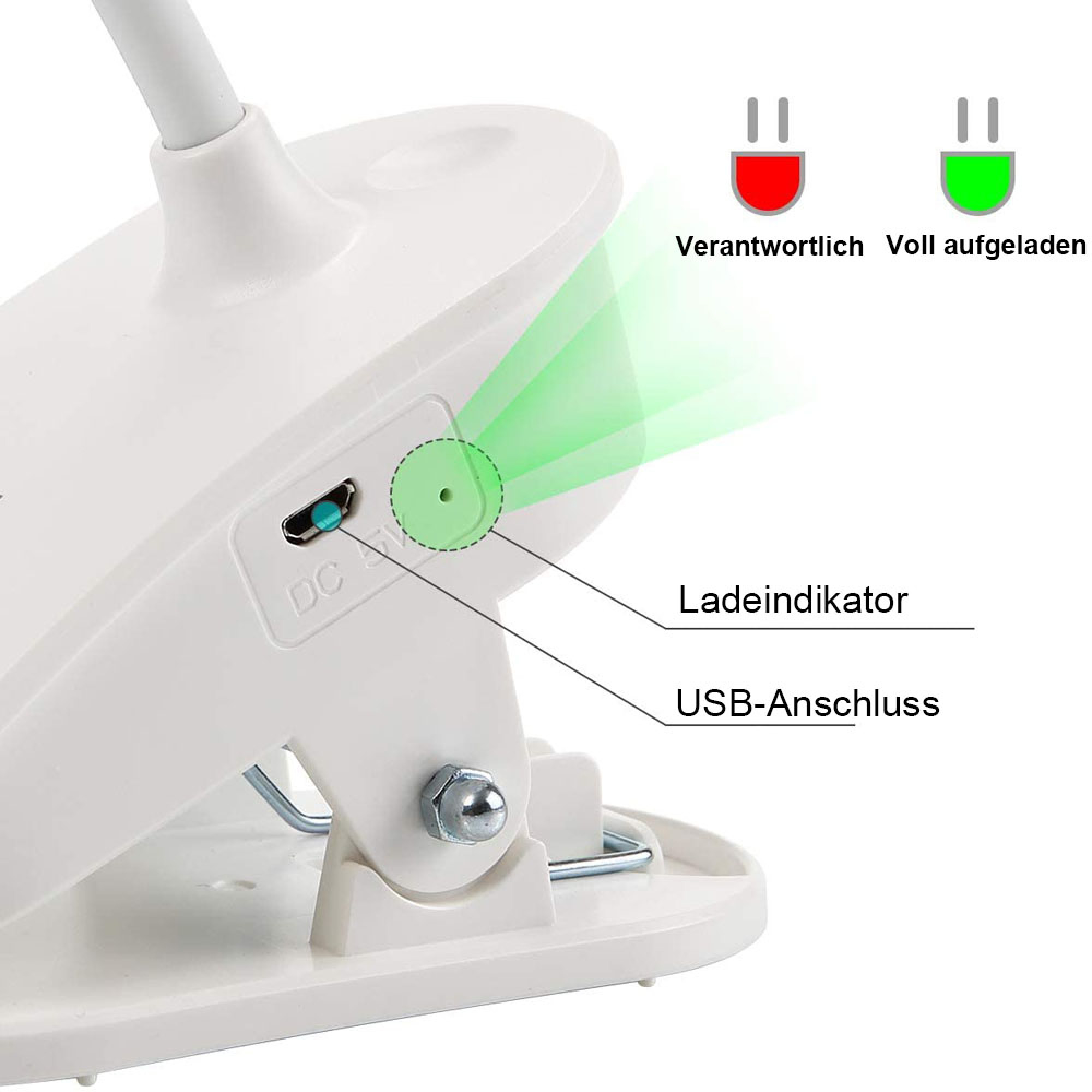 Nahaufnahme eines weißen Ladeanschlusses und Ladeindikators mit grünen Leuchten.