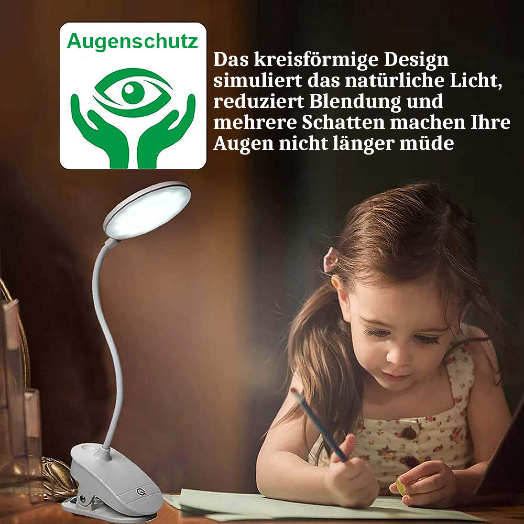 Ein kleines Mädchen zeichnet unter einer Klemm-LED-Lampe, mit Text links, der Augenschutz bewirbt.