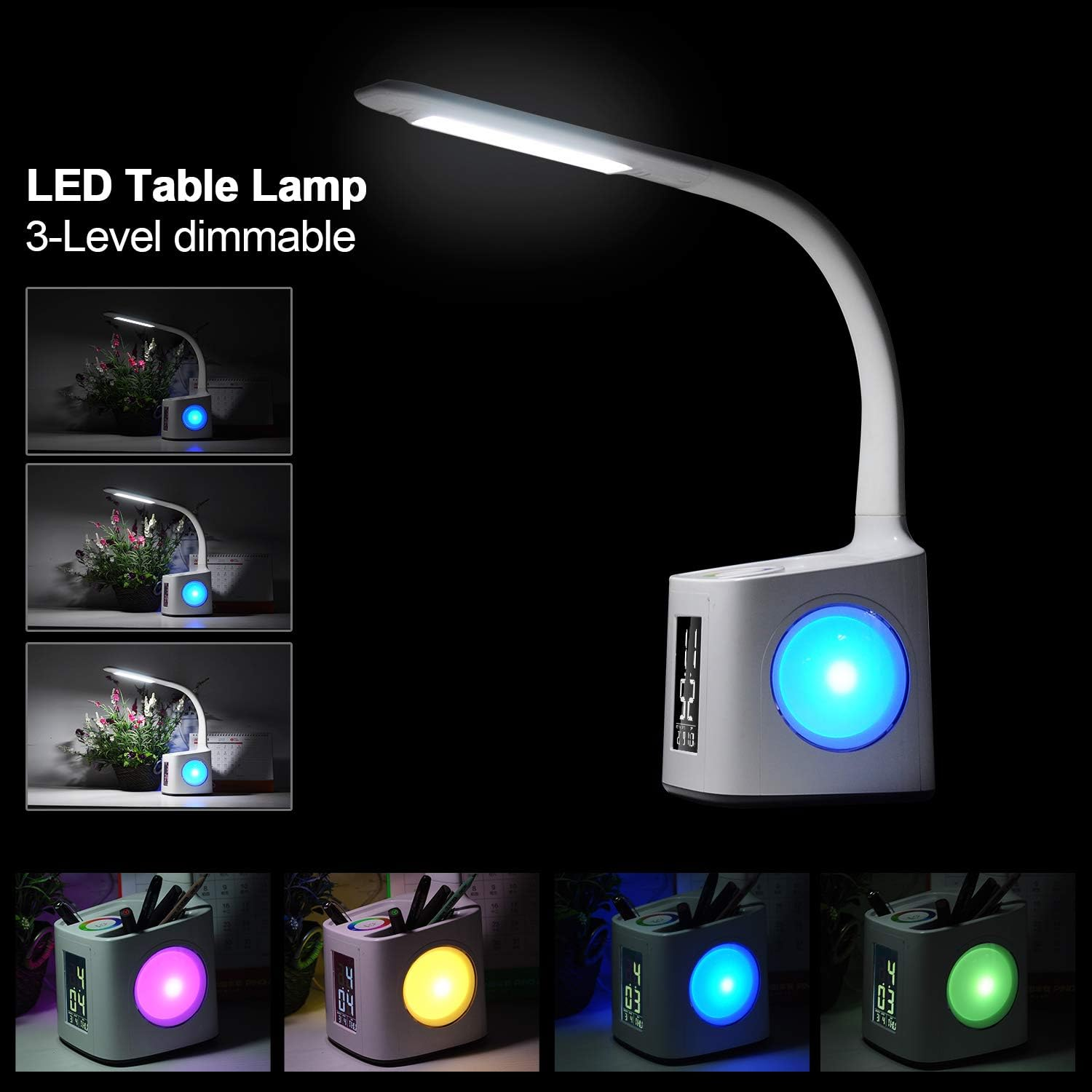 Weiße LED-Tischlampe mit blauem Licht und Kalenderanzeige neben Pflanzen.