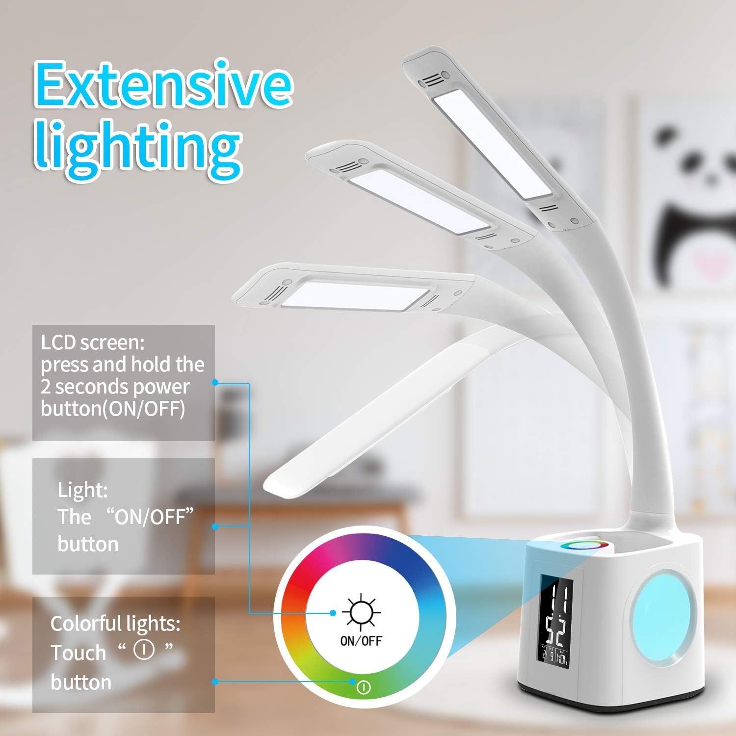 Eine weiße Schreibtischlampe mit drei verstellbaren Armen und LED-Leuchten.