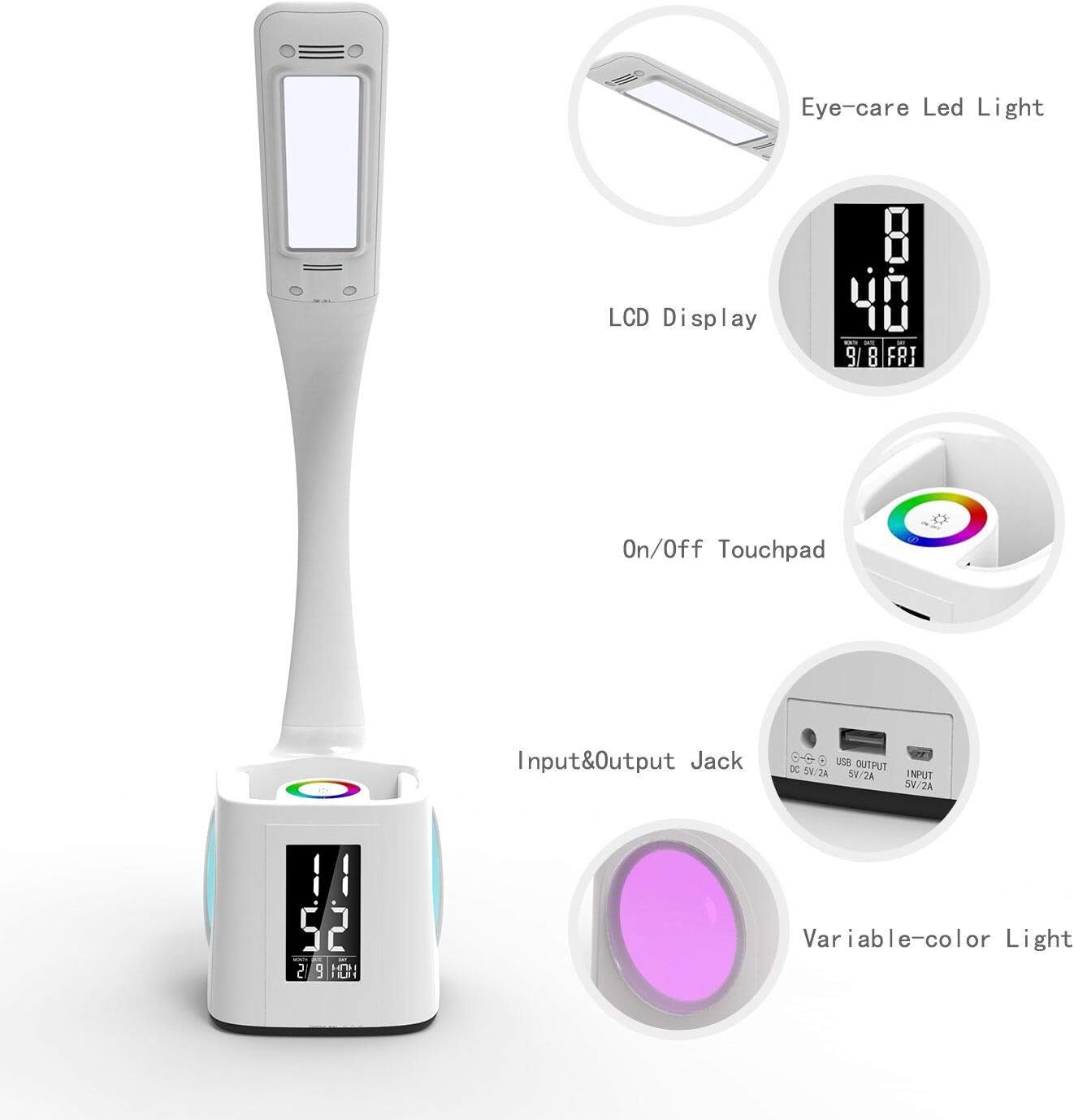 Weiße Schreibtischlampe mit LCD-Anzeige für Uhrzeit und Datum, mit Touch-Bedienung.