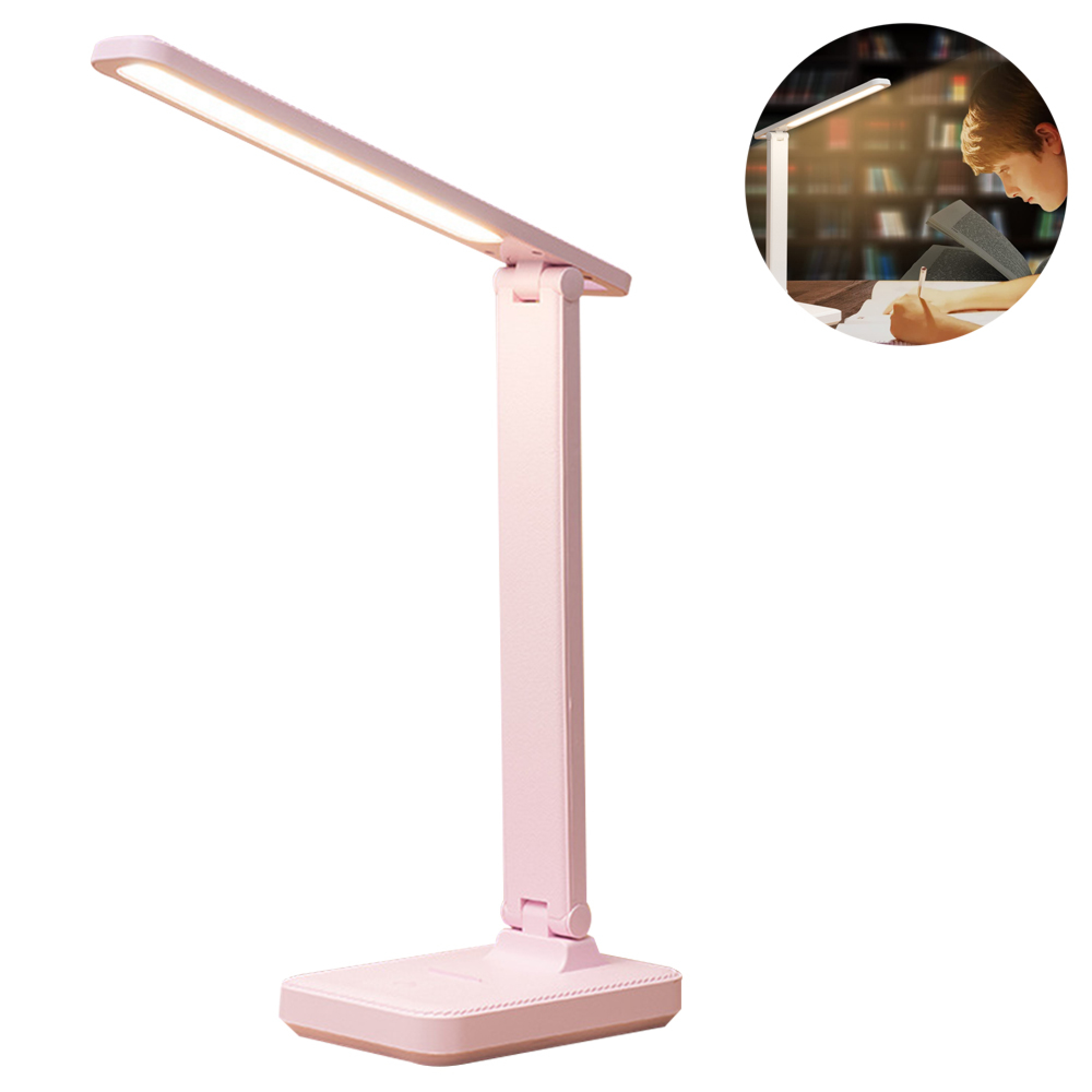 Eine rosa, verstellbare LED-Schreibtischlampe ist vor weißem Hintergrund abgebildet. Ein kreisförmiger Einsatz zeigt einen lernenden Studenten.