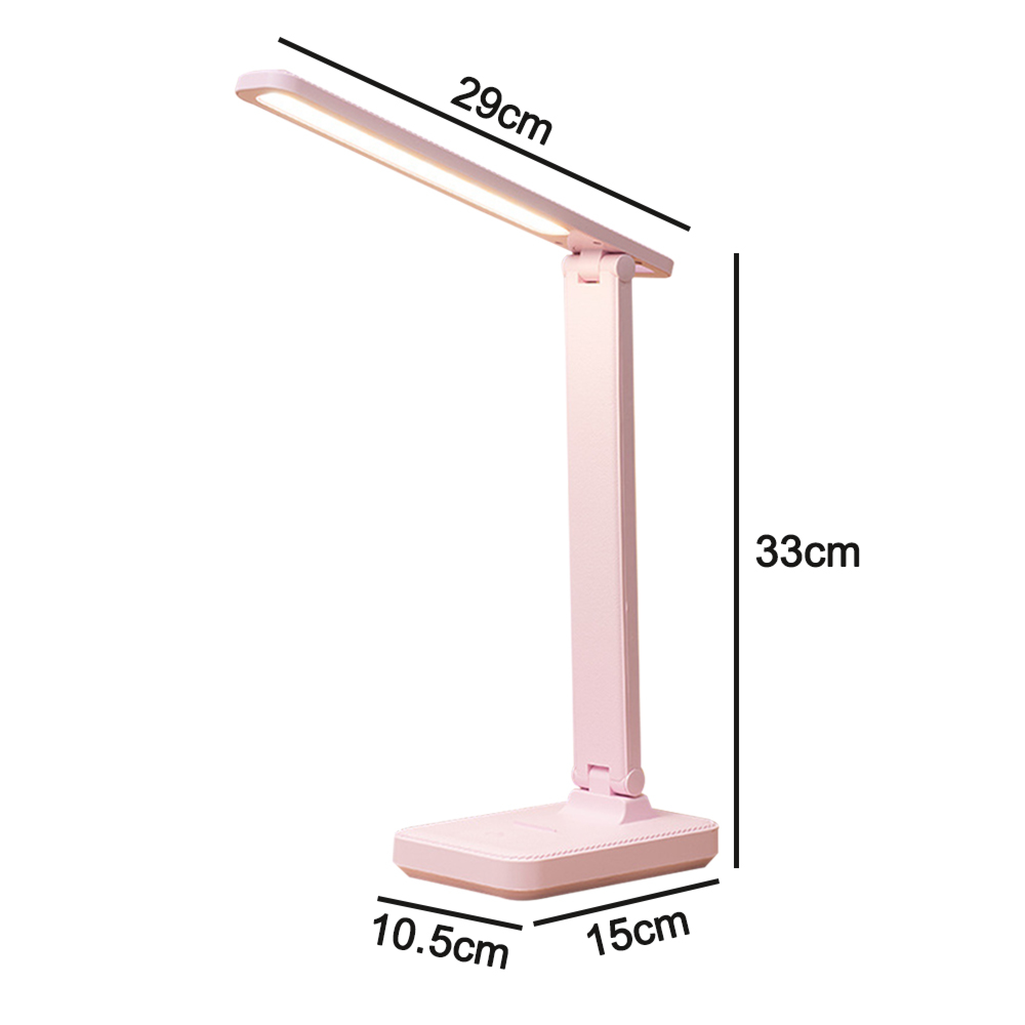 Eine rosafarbene Schreibtischlampe mit flexibler Verstellung und Maßen.