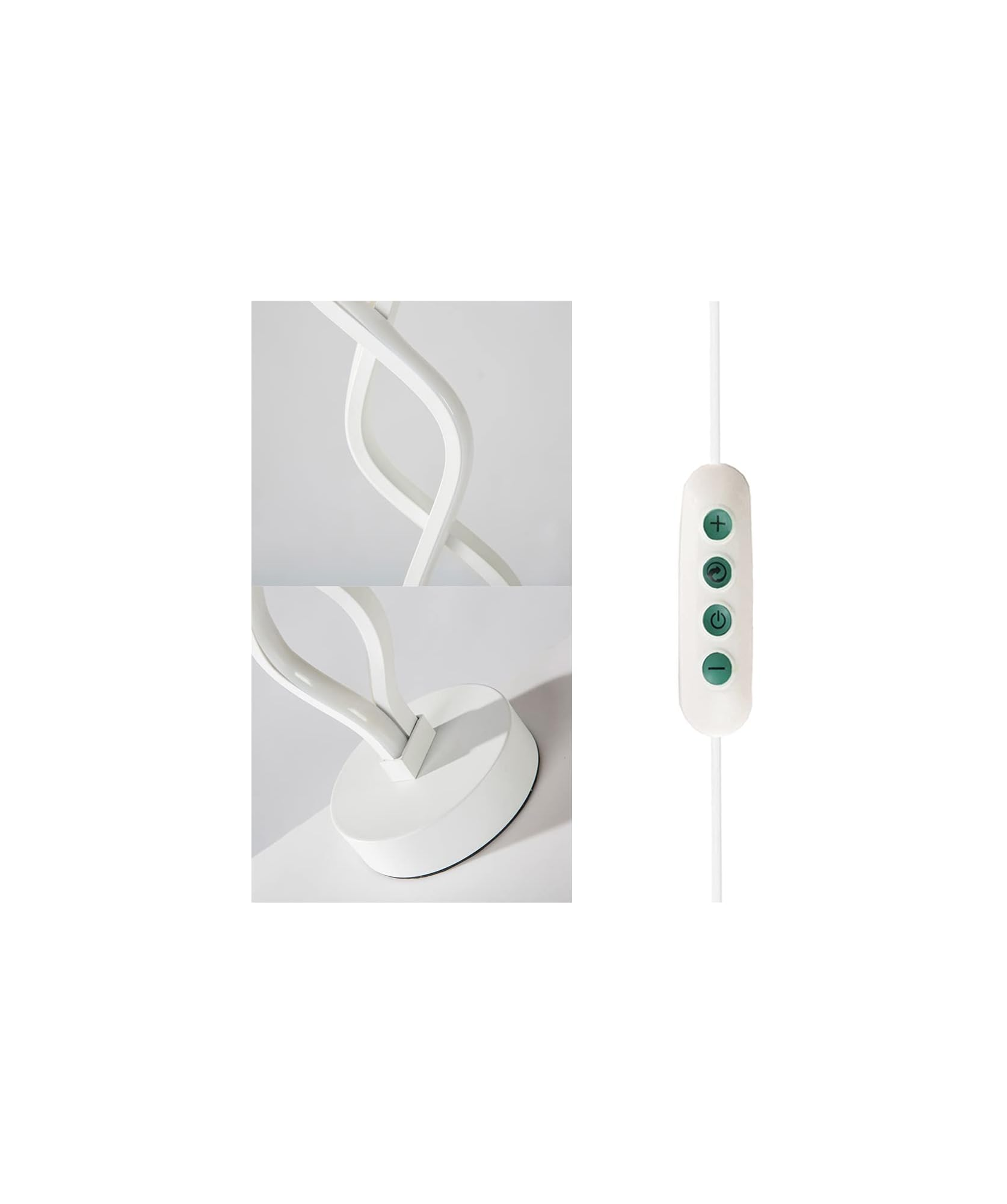 Ein weies Lampenkabel mit Fernbedienung und Tasten: Plus, Drehknopf, Ein/Aus, Minus.