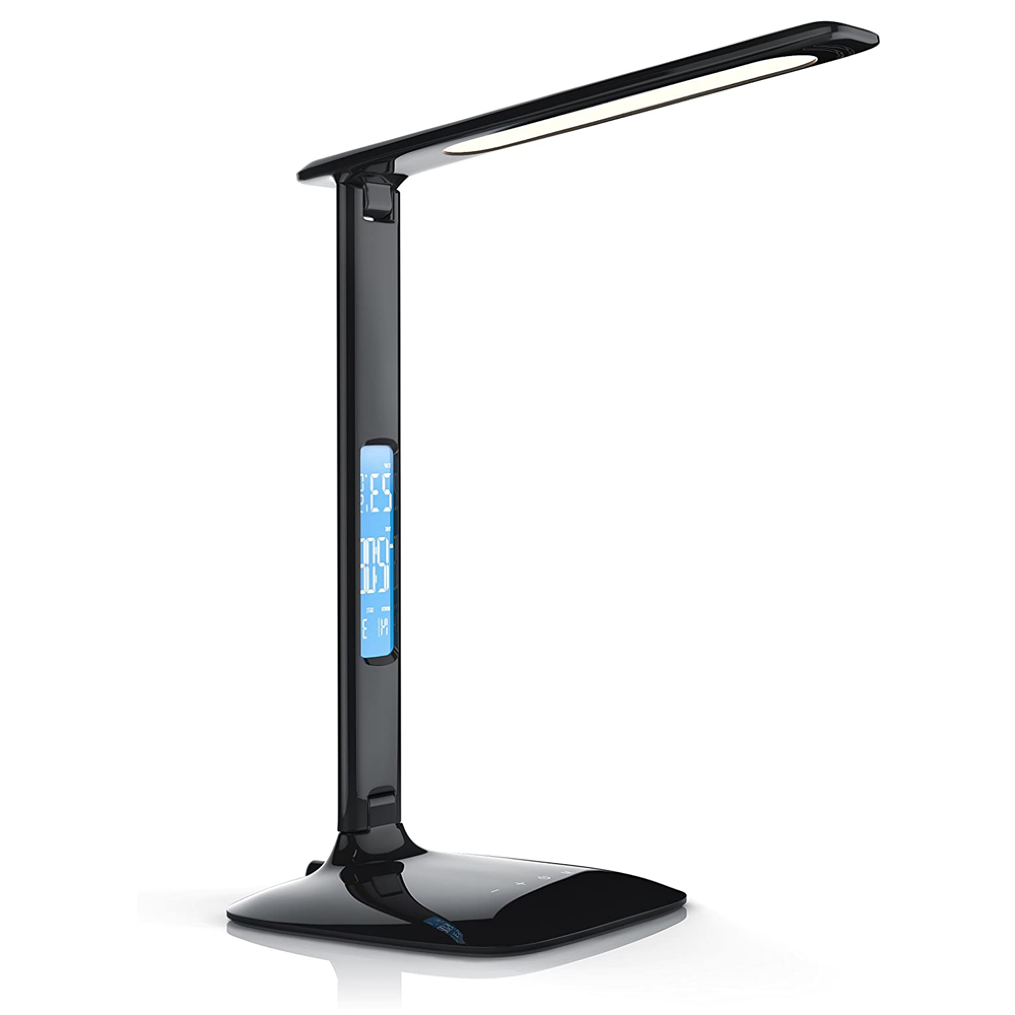 Eine schwarze Schreibtischlampe mit LED-Licht und blauem Digitaldisplay.